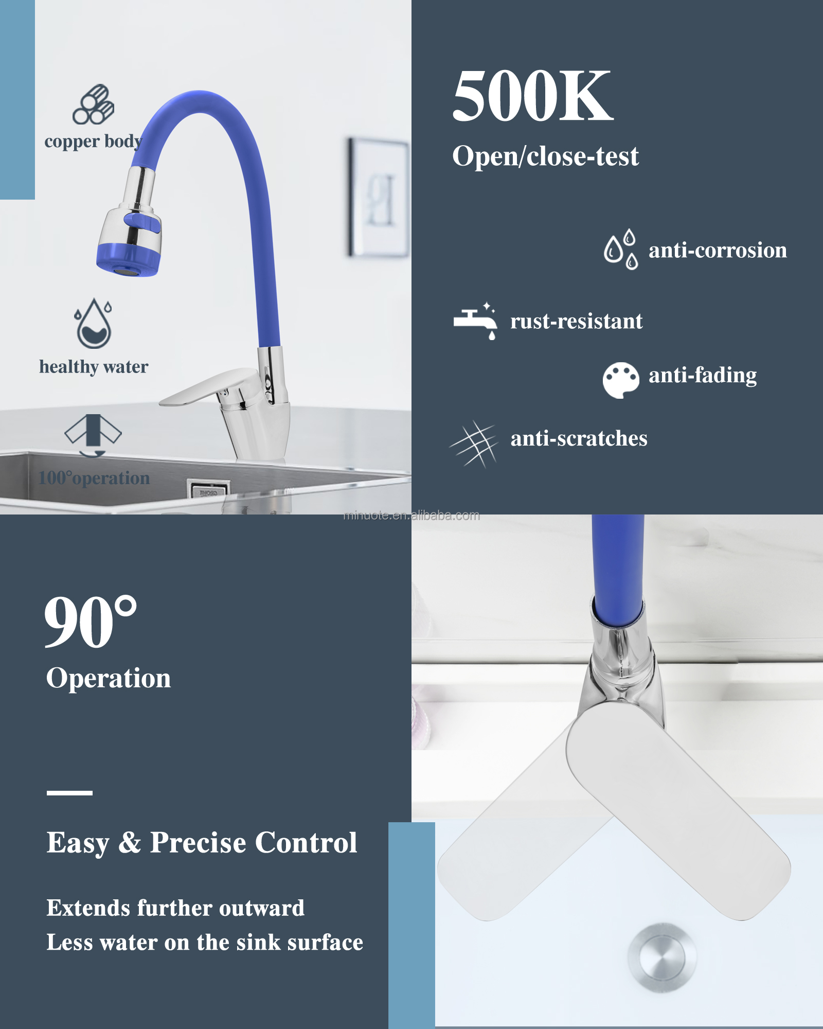 New Fashion Kitchen Faucet Wall Mounted Pillar Rotation Cold Faucet Graphic Design Blue Silicone Flexible with Shower Head manufacture