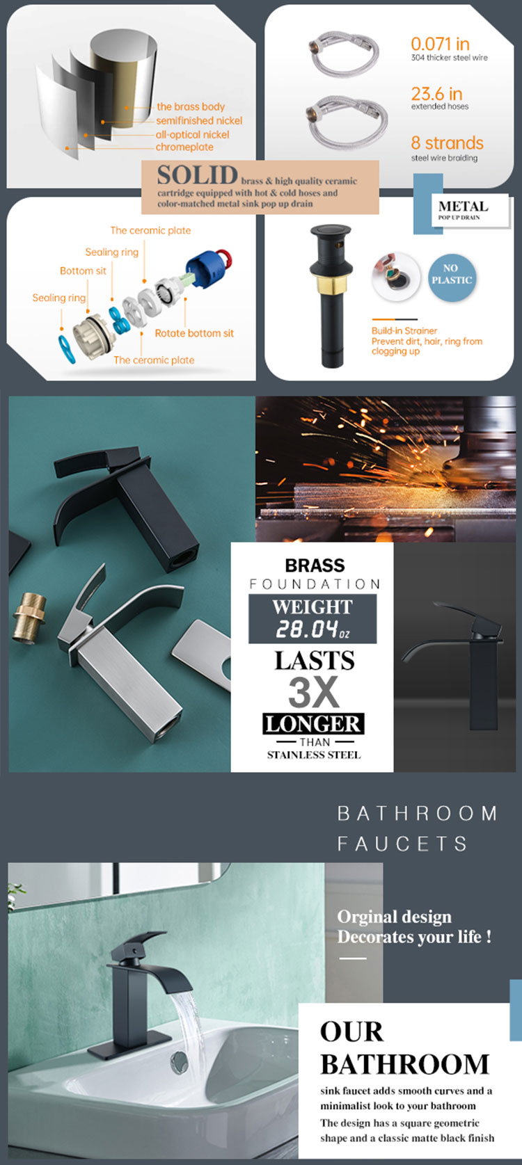 Luxury bathroom square brass waterfall black basin faucet for hotel family bathroom details