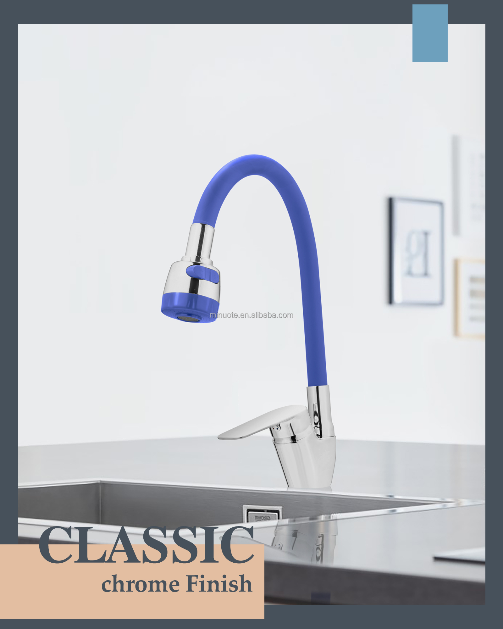 New Fashion Kitchen Faucet Wall Mounted Pillar Rotation Cold Faucet Graphic Design Blue Silicone Flexible with Shower Head manufacture