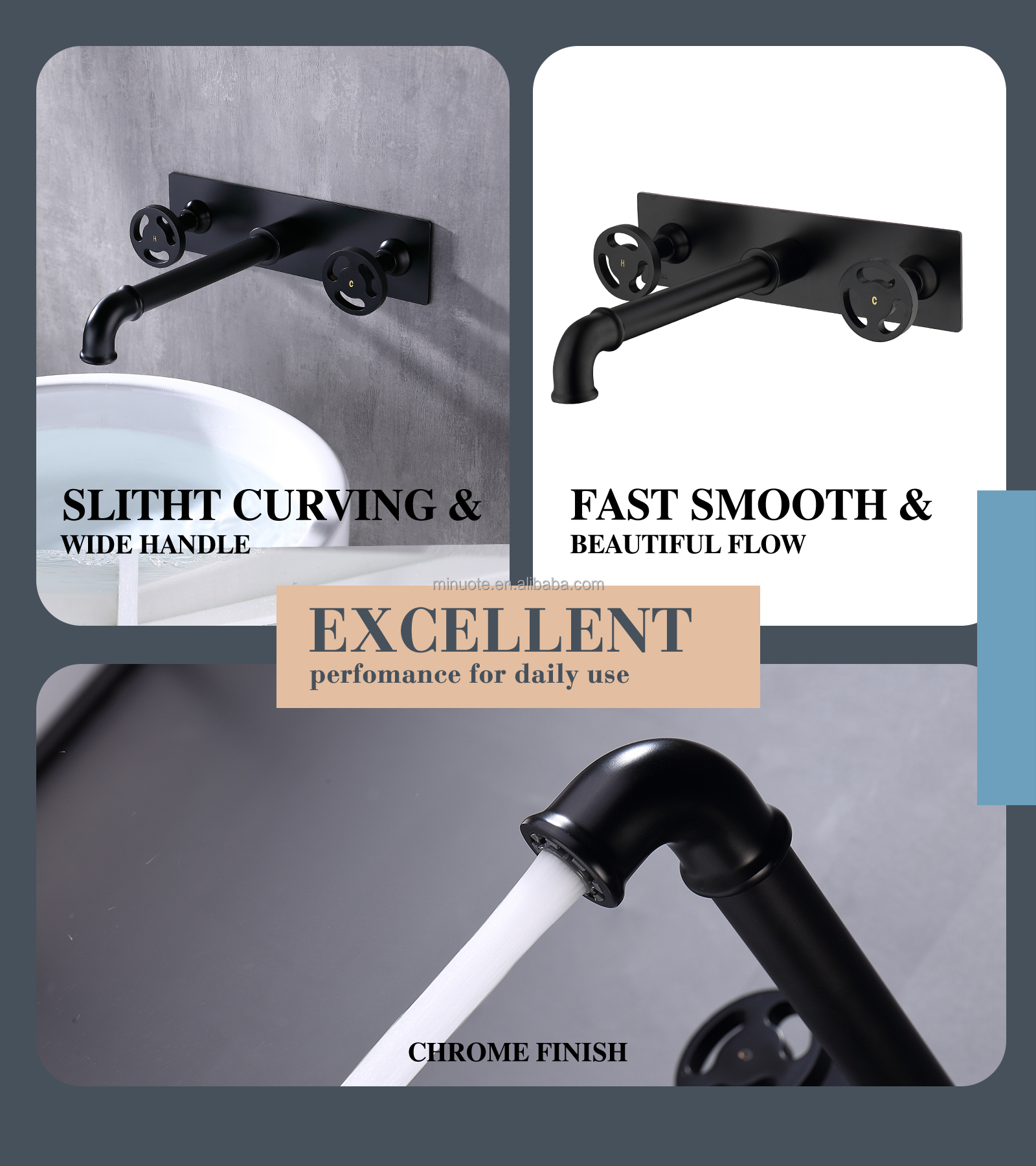 Industrial Pipe Dual Handle Sink Mixer Faucet Wall Mount Bathroom Faucet factory