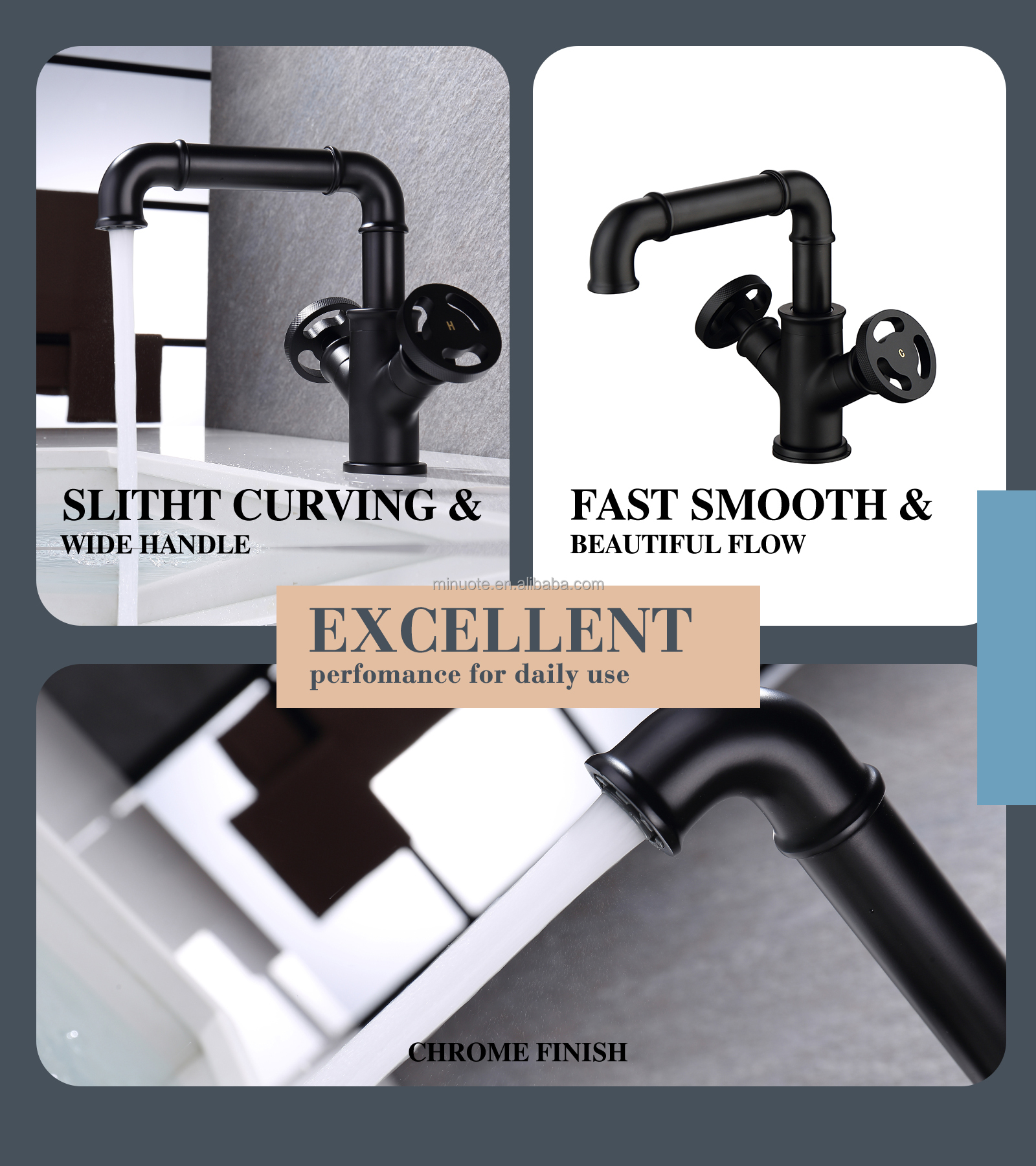 Industrial brass basin faucet deck mounted matte black water mixer tap dual handles bathroom sink faucet manufacture