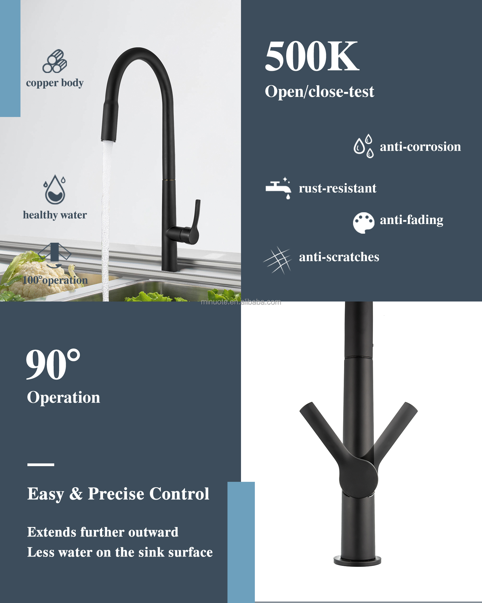 Single Handle Stainless Steel matte Black Kitchen Faucet Kitchen Sink Faucet with Pull Out Sprayer factory