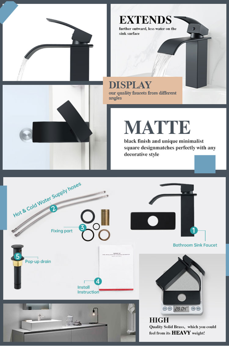 Luxury bathroom square brass waterfall black basin faucet for hotel family bathroom details