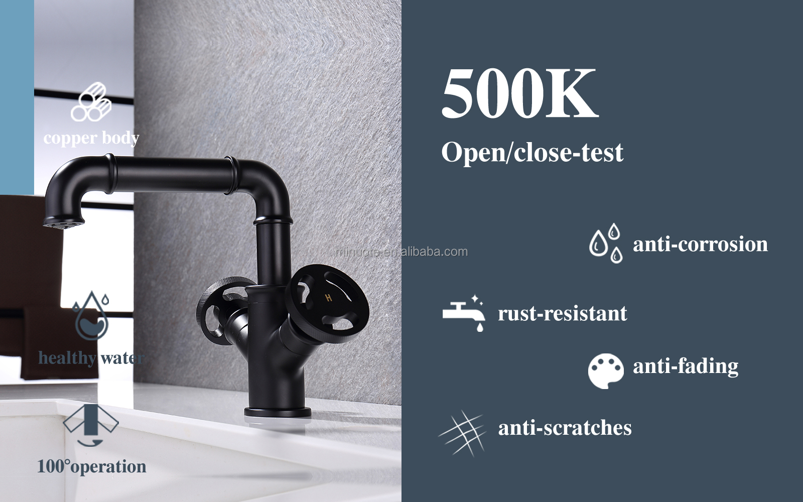 Industrial brass basin faucet deck mounted matte black water mixer tap dual handles bathroom sink faucet manufacture