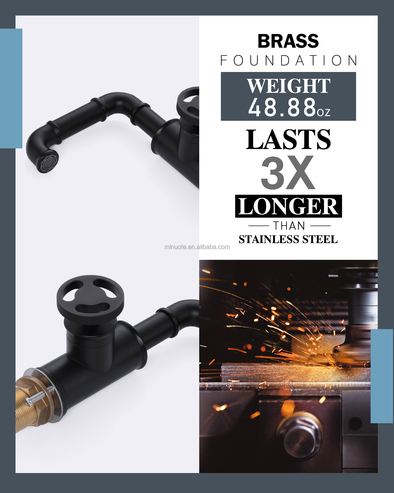 Industrial brass basin faucet deck mounted matte black water mixer tap dual handles bathroom sink faucet details