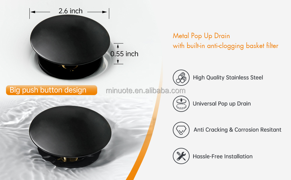 Black Cover Click Clack Drainer Stainless Steel Pop Up Waste For Basin factory