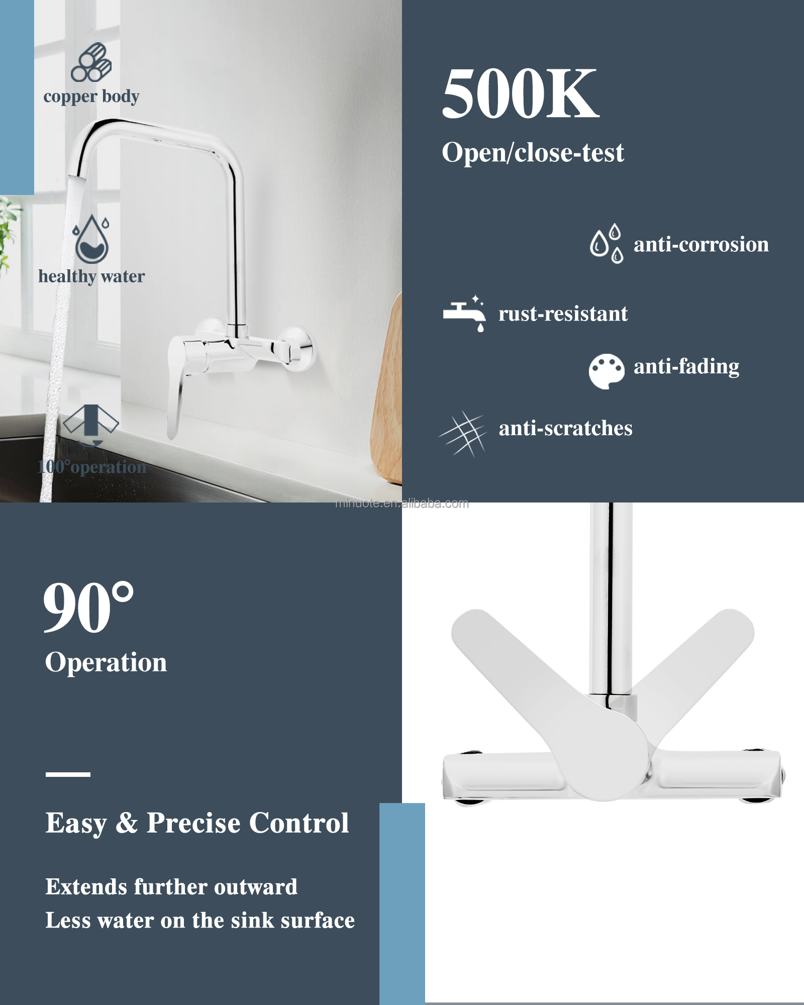 New Fashion Kitchen Faucet Wall Mounted Pillar Rotation Cold Faucet Graphic Design Blue Silicone Flexible with Shower Head details