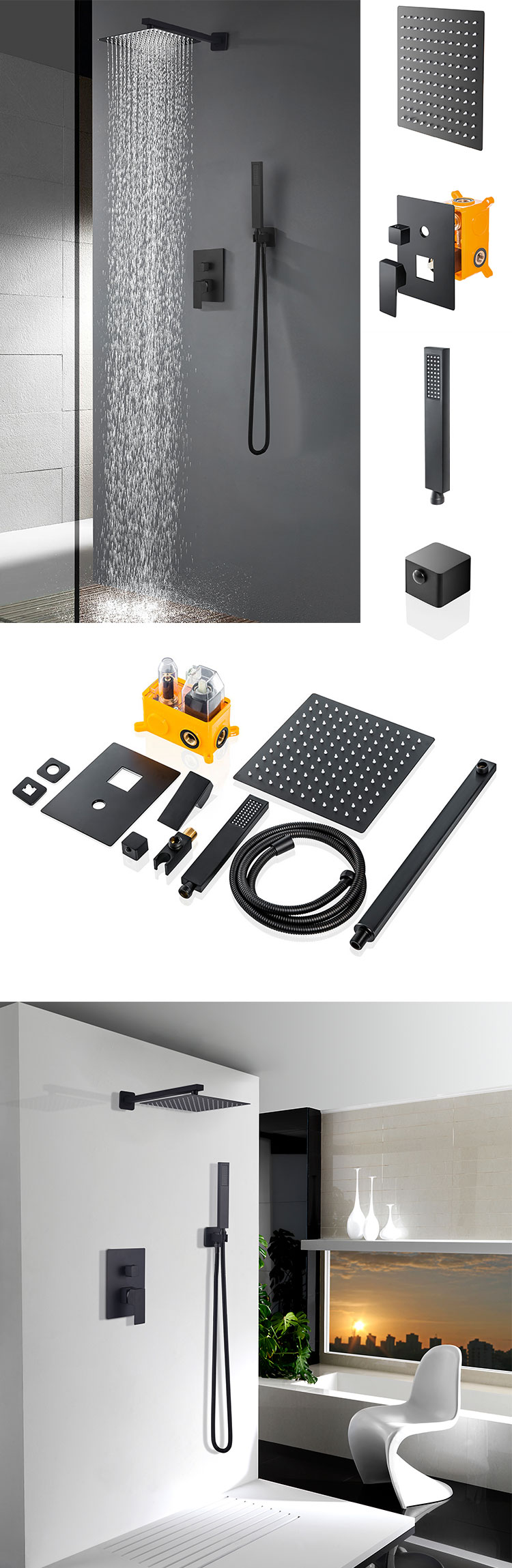 Matt black handheld shower head rainfall wall mounted shower system set with cold and hot water details