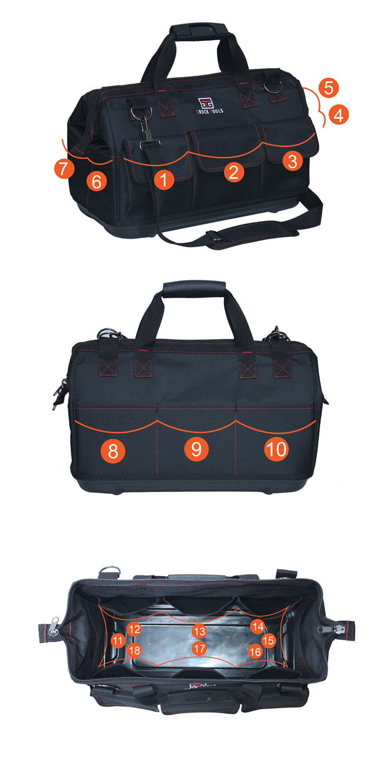 19in polyester heavy duty electrician tool bag with PVC base details