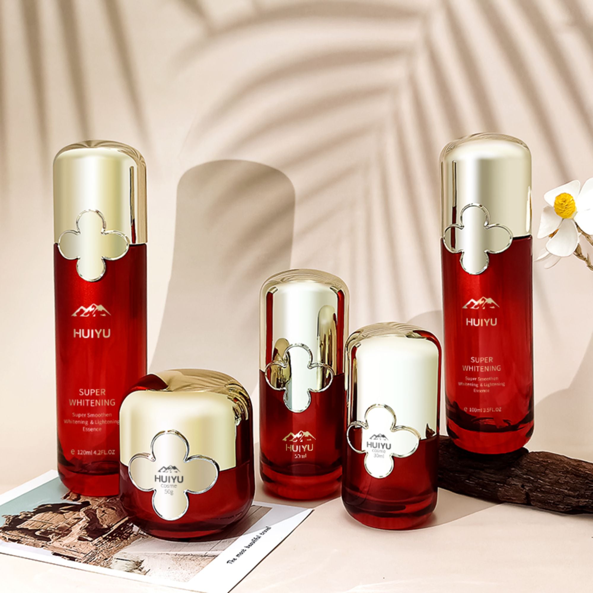 Custom Red Container Glass Jar With Gold Flower Lid HY-2318