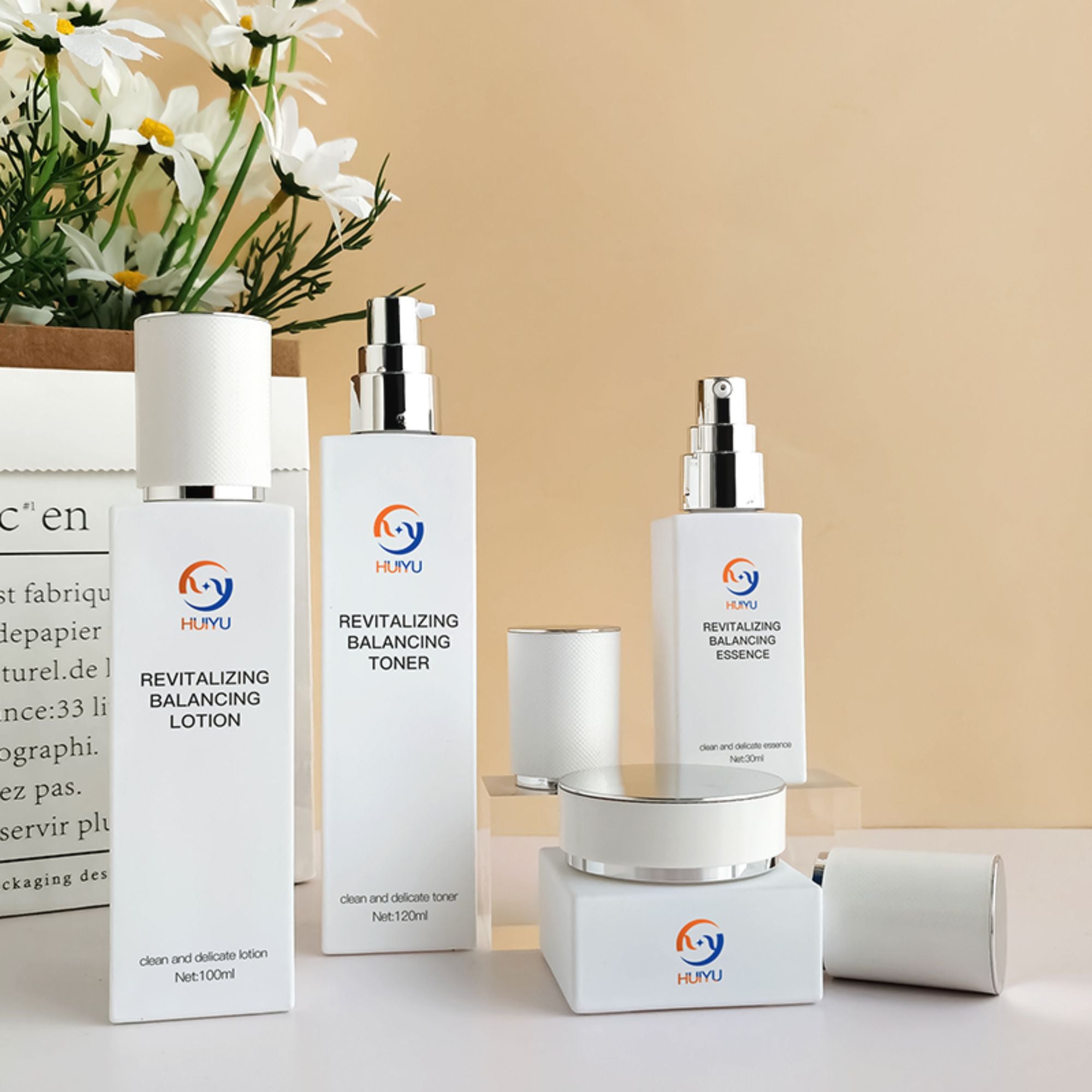 luxury square glass set bottle cosmetics White round cap HY-2356