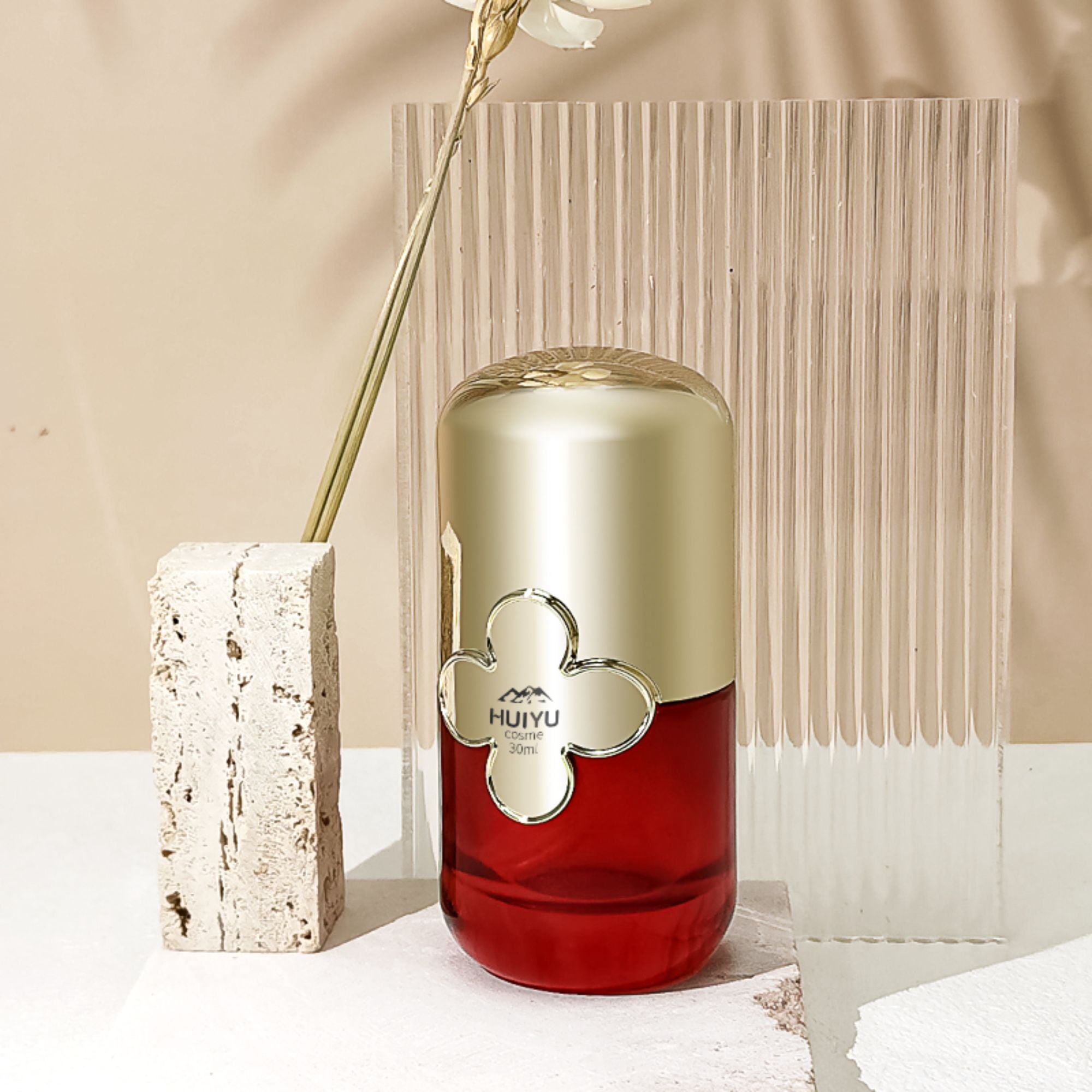 Custom Red Container Glass Jar With Gold Flower Lid HY-2318