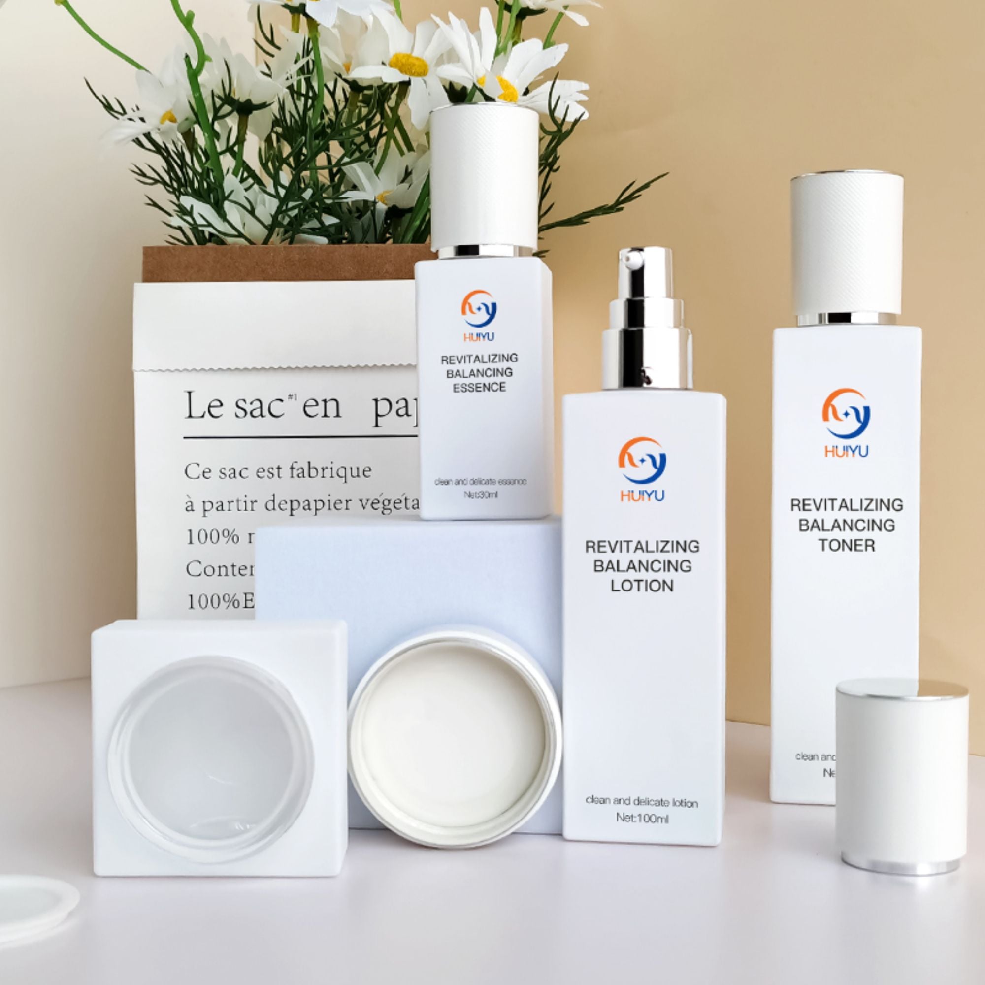 luxury square glass set bottle cosmetics White round cap HY-2356
