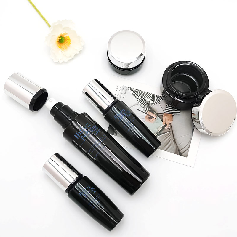 Custom Mataas na Klase Private Label Itim Round Pump Skincare Botilya Set HY-2411