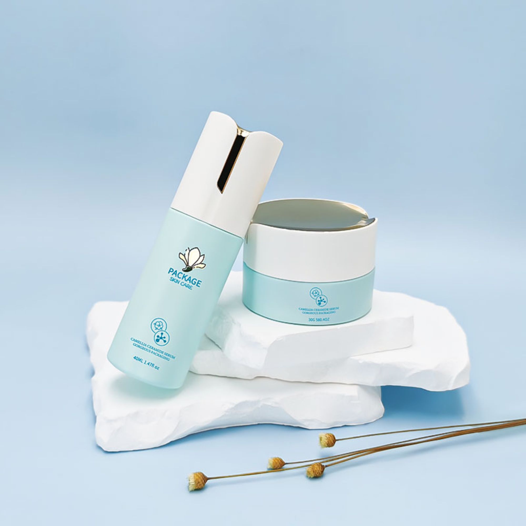 Custom Empty light-blue Bottle Glass Bottle Packaging set HY-2415