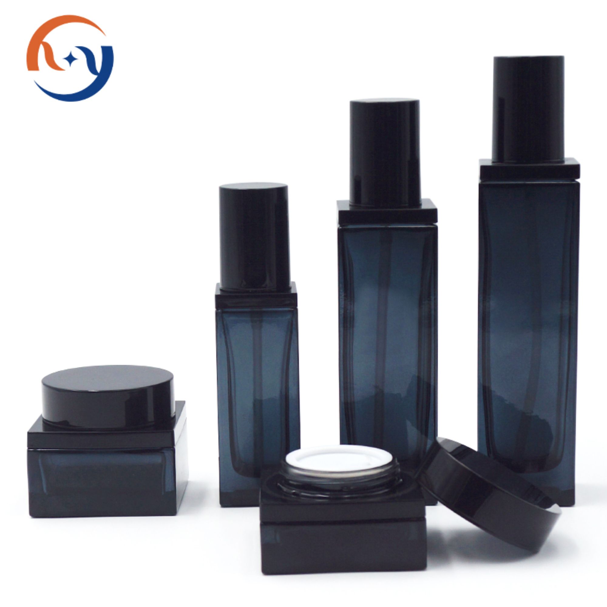 Klassische schwarze blaue quadratische Glas Hautpflegeflasche HY-2375