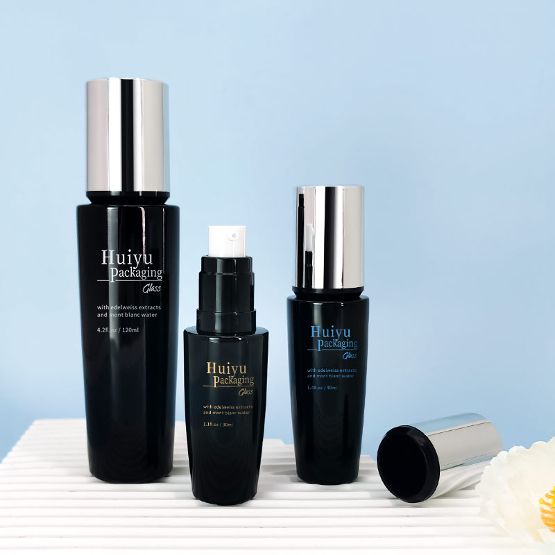 Custom Mataas na Klase Private Label Itim Round Pump Skincare Botilya Set HY-2411