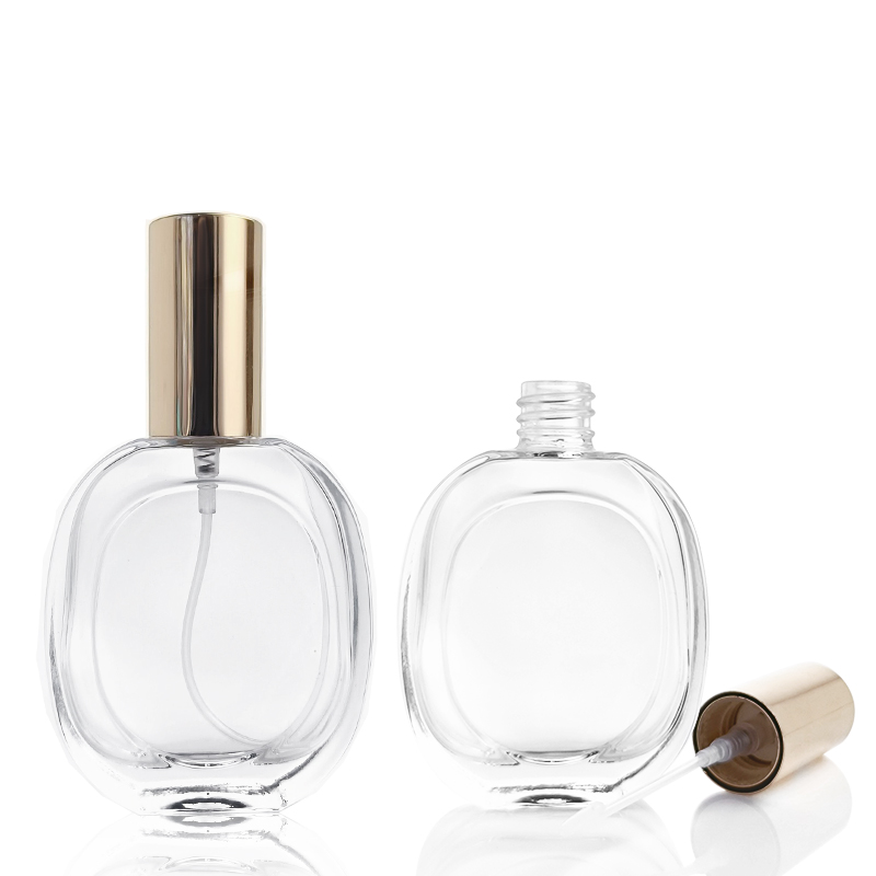 Square Round Clear 30ml Glass Perfume Bottle With Spray Gold And Sliver Cap HY-197