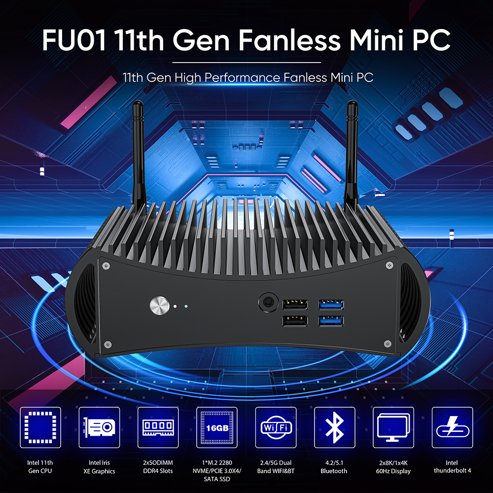 FU01 Tiger Lake i3-1115G4  i5-1135G7 i7-1165G7 DDR4 3200Mhz Support eGPU 8K Barebones System Fanless Mini PC manufacture