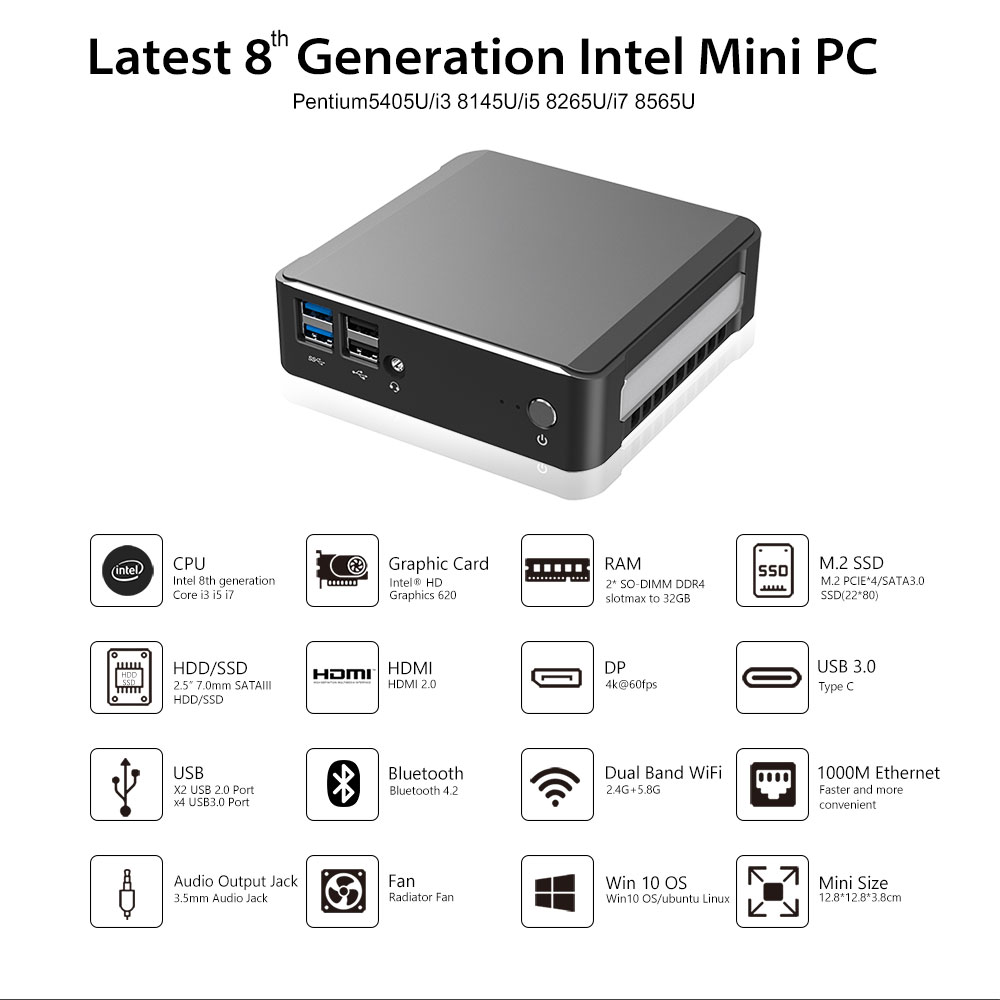 CK01 Intel 8th Core i3 i5 i7 DDR4 2.5 Inch HDD/SSD BT4.2 2.4/5.8G WiFi USB HDMI DP 4K 60fps  Win10 Ubuntu Linux Mini PC manufacture
