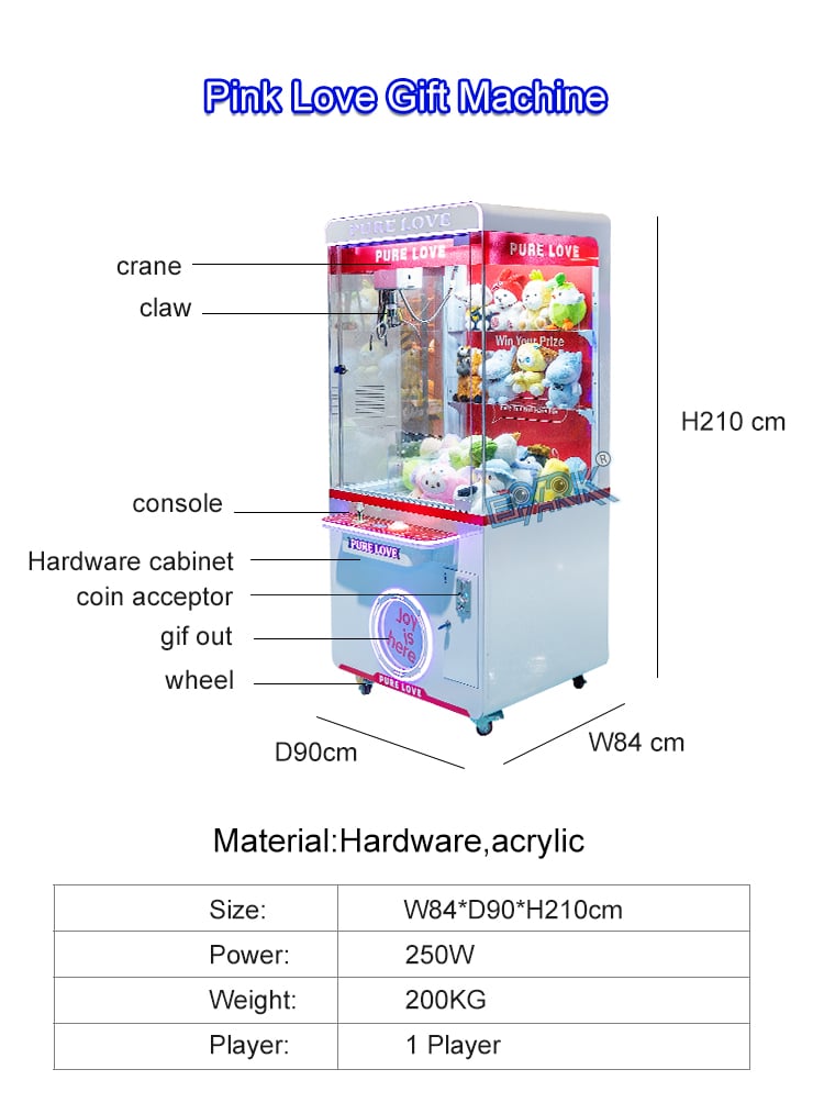 Coin Operated Pink Crane Catch Stuffed Toys Machine Toy Claw Crane Game Machine factory