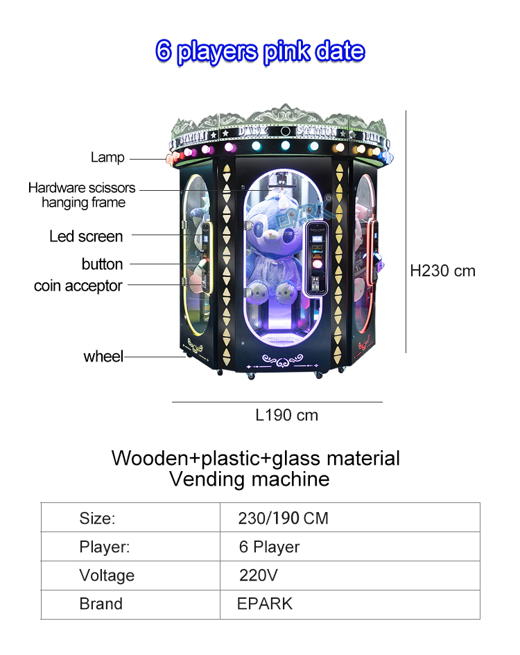 6 Players Threeplus Pink Date Arcade Claw Machine Prize Cutting Gift Game Machine details