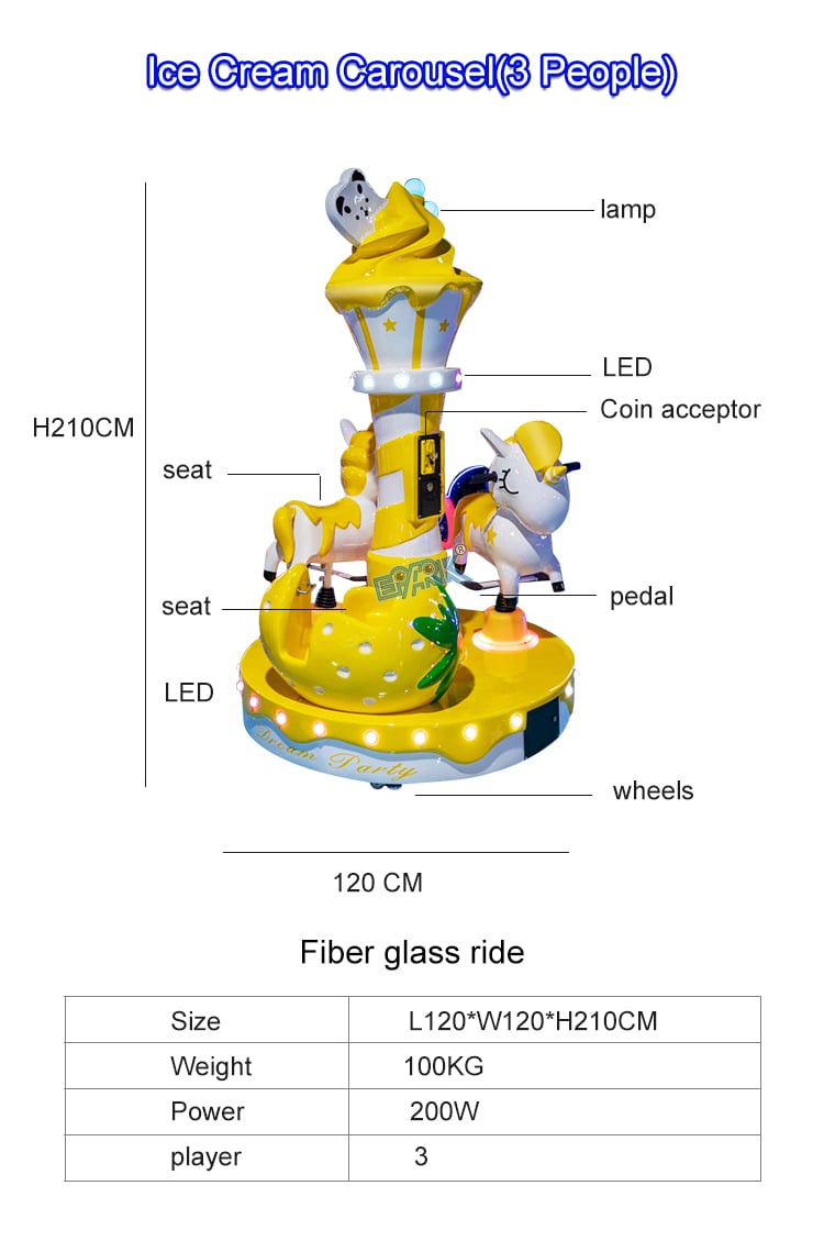 Coin Operated Three People Ice-Cream Carousel Horse Carousel Kiddie Ride Game Machine factory