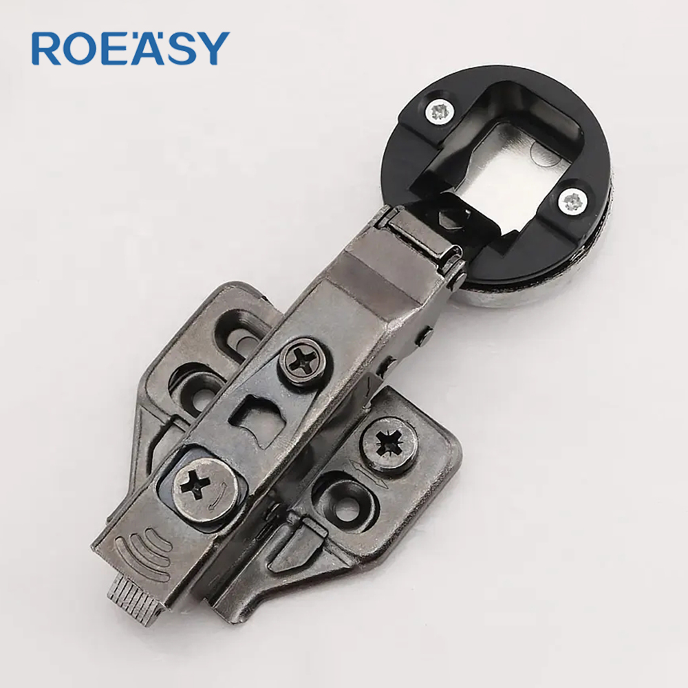 Roeasy CH-593A-3D-BN 35mm 라운드 컵 105도 3D 유리 도어 힌지 디스플레이 캐비닛용 클립온 소프트 클로즈 유압 힌지