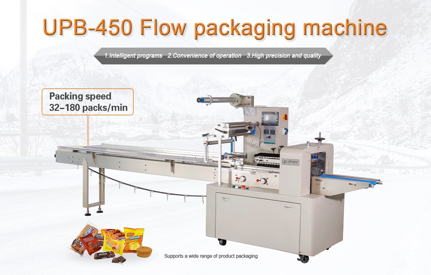UPB450 Pillow Packaging Machine bread cake muffins flow packing machine details