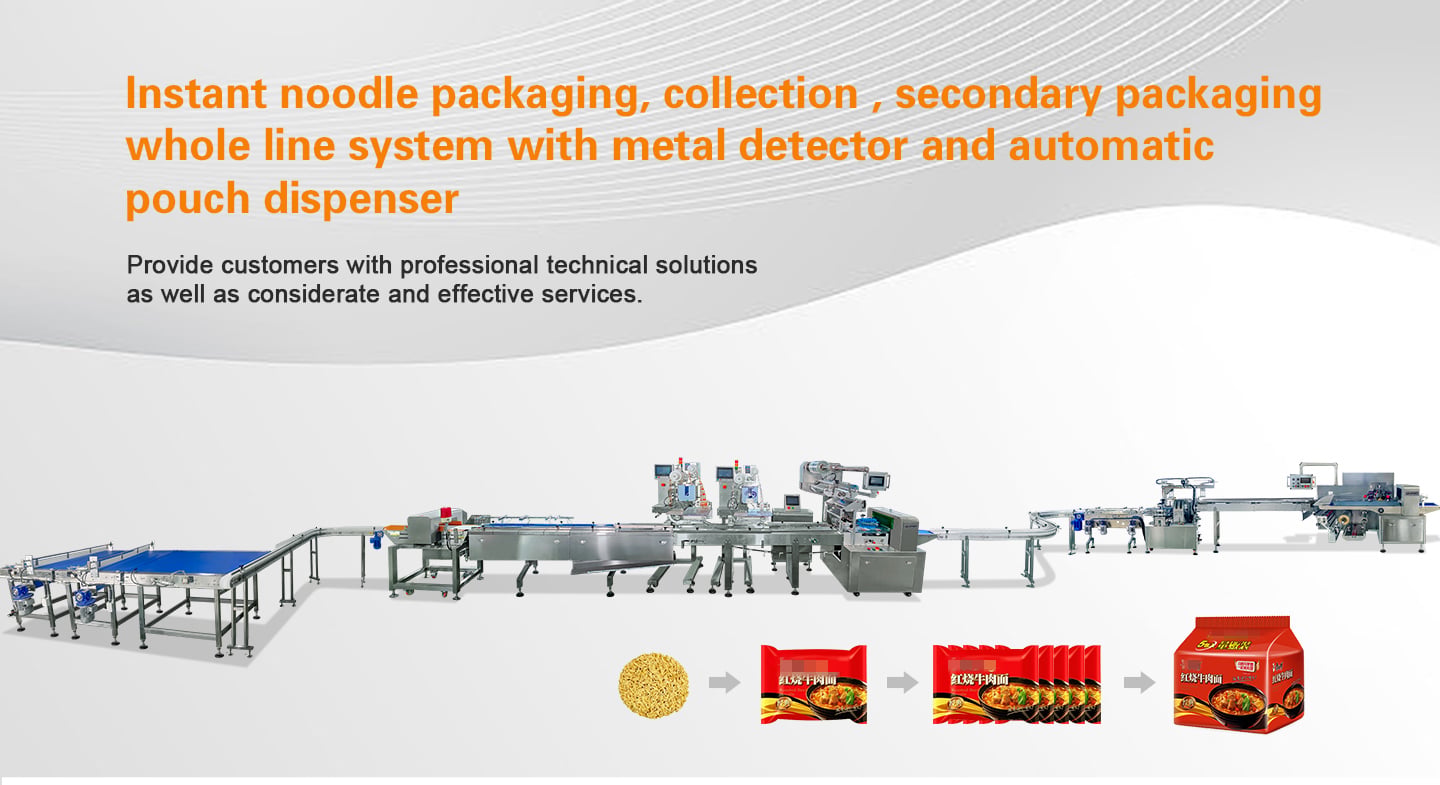 Automatic whole system Instant noodle primary packaging collection secondary packaging line with metal detector and pouch dispenser details