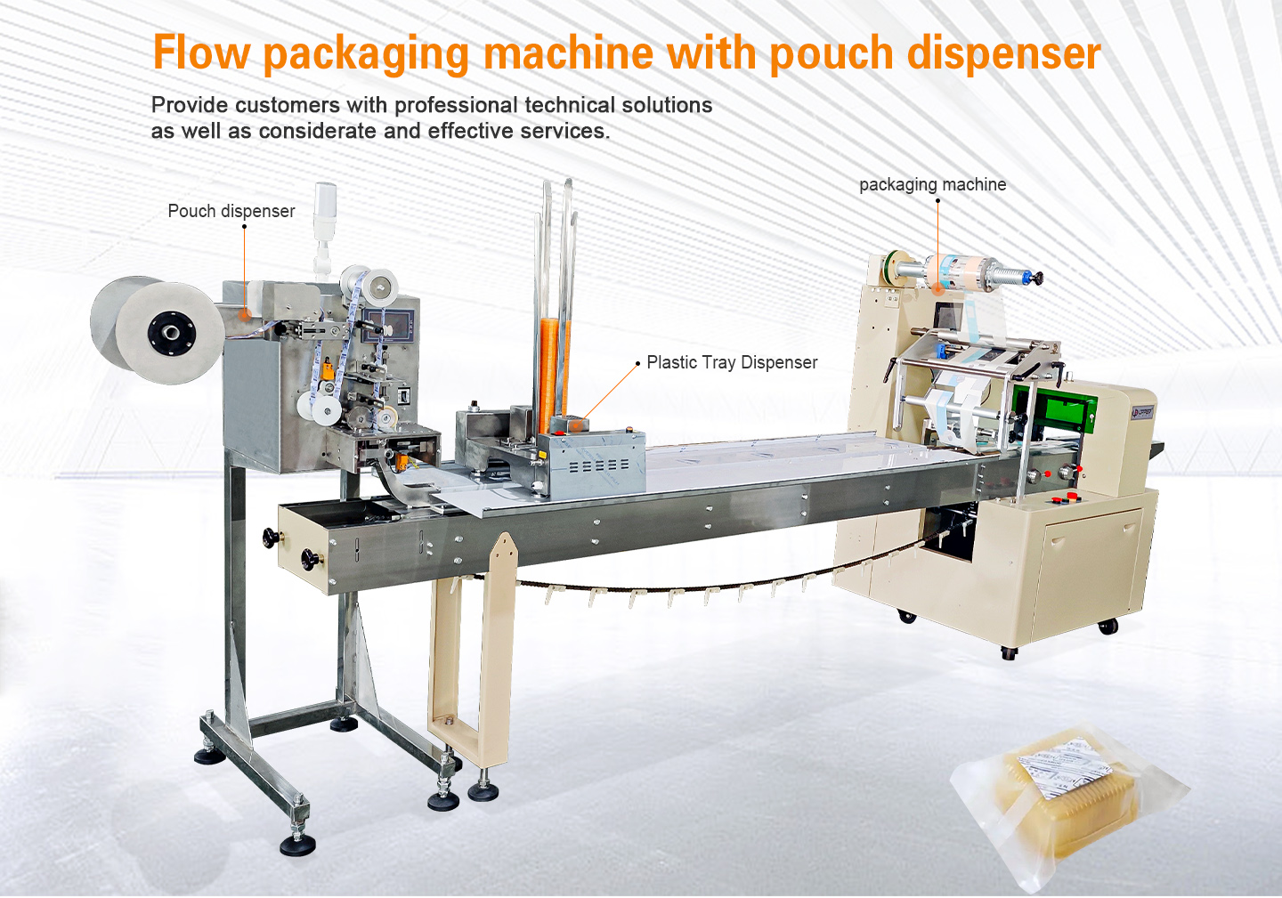 Small mooncake pie pillow packaging machine with desiccant pouch dispenser details