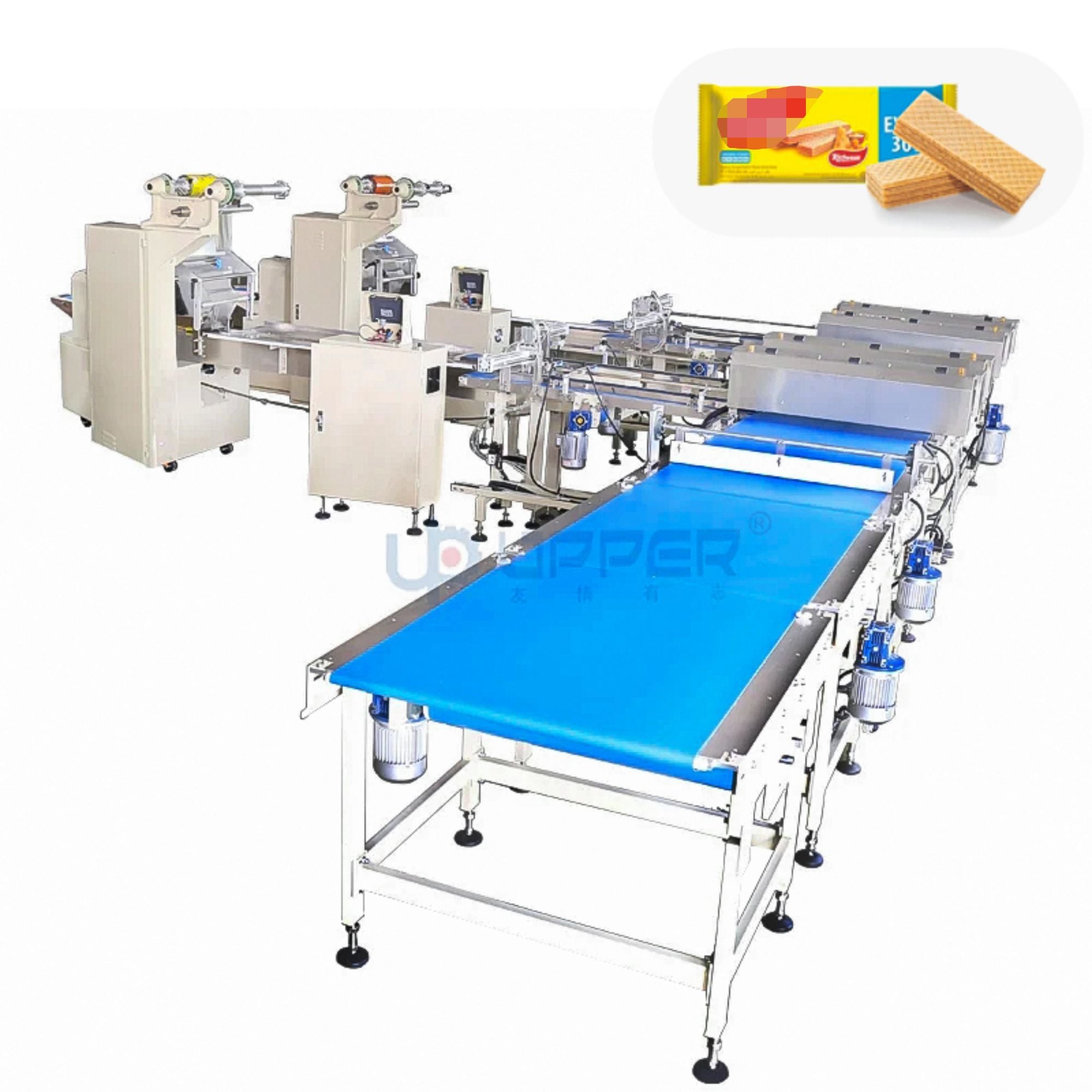 Upper automatic feeding Wafer packaging line for square biscuit waffle packing