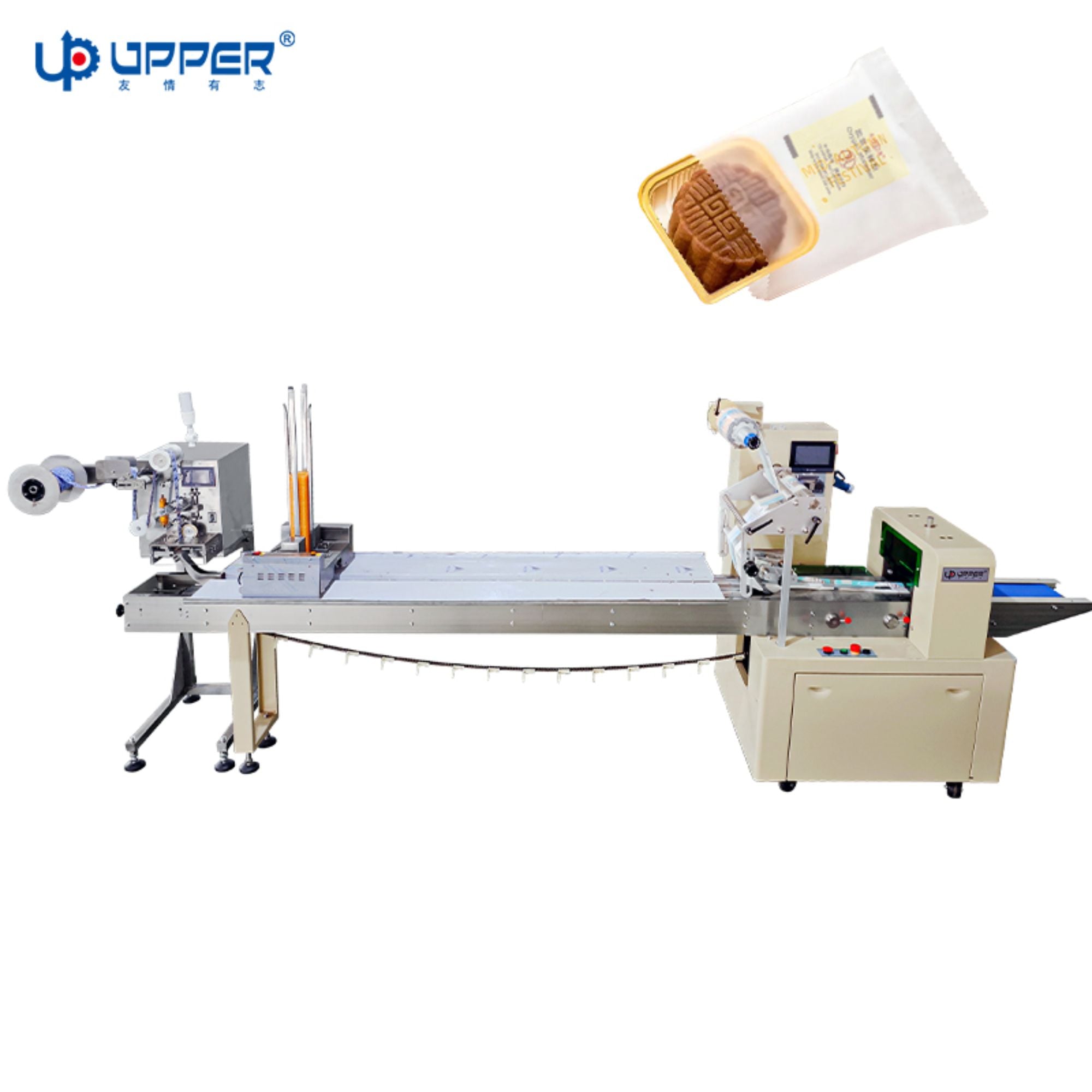 Small mooncake pie pillow packaging machine with desiccant pouch dispenser