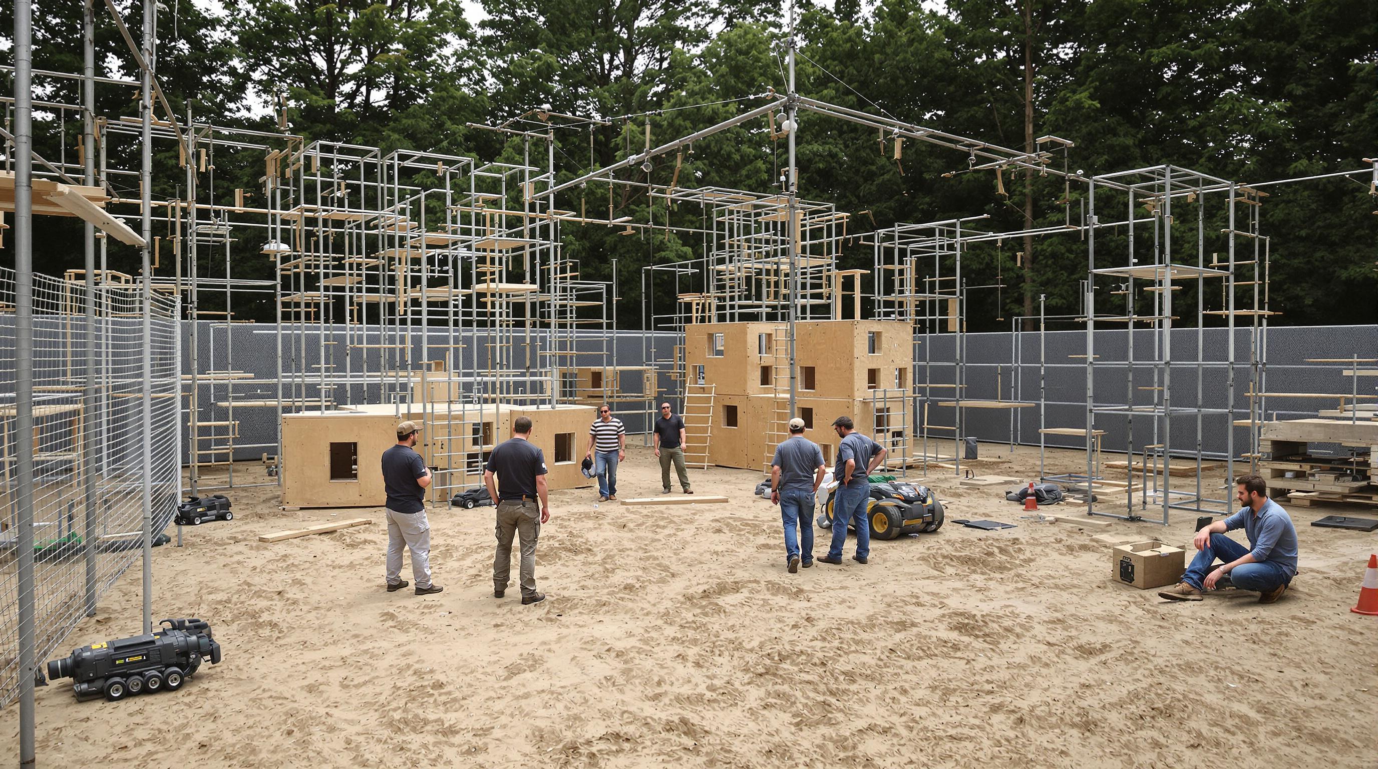 Corporate team planning and customizing an outdoor obstacle course with modular elements