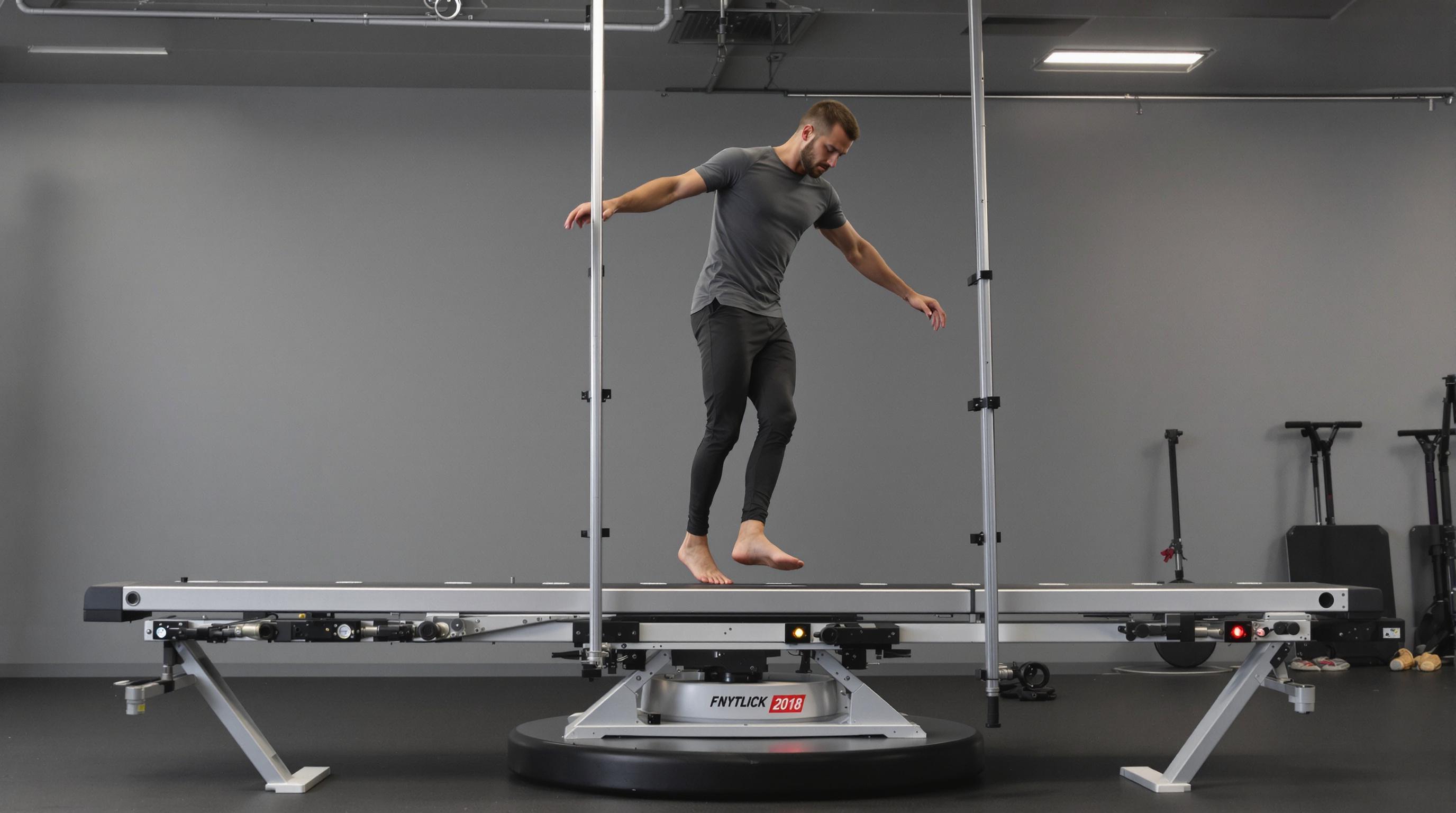 Athlete balancing on a modular, sensor-equipped beam with adjustable base in a training facility