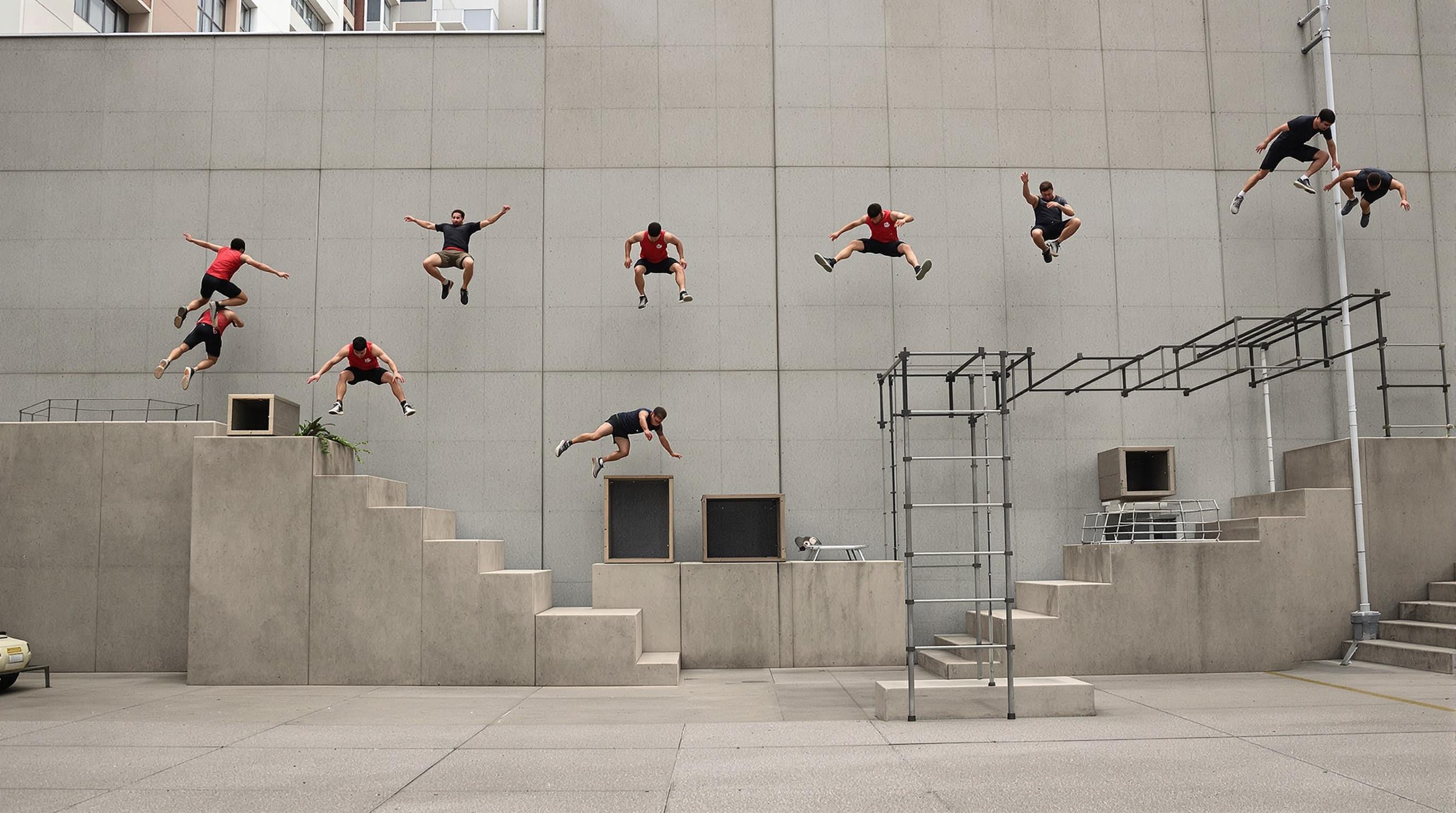 Parkour athletes moving fluidly between angled walls, vault boxes, and bars in an open training space