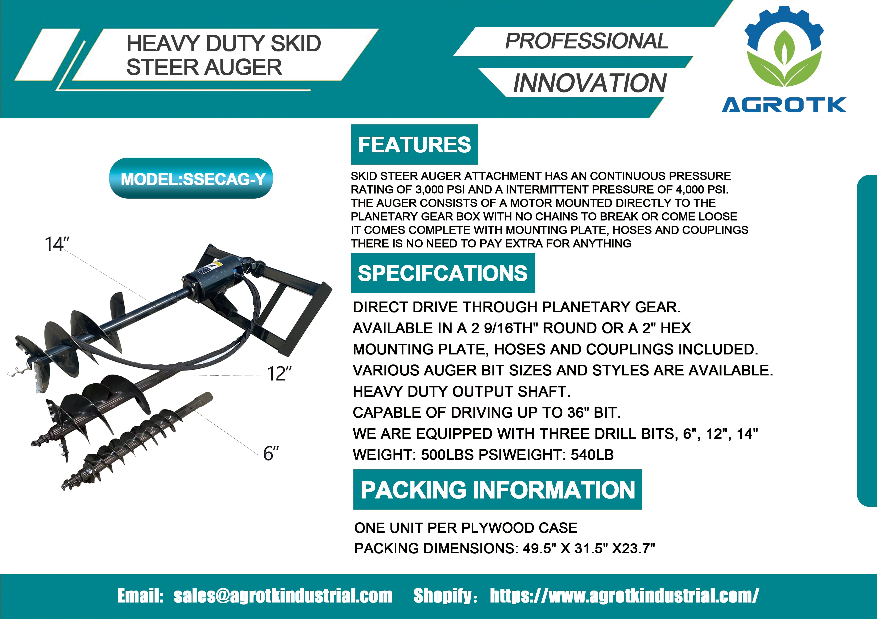 hydraulic skid steer auger ssecag y-1
