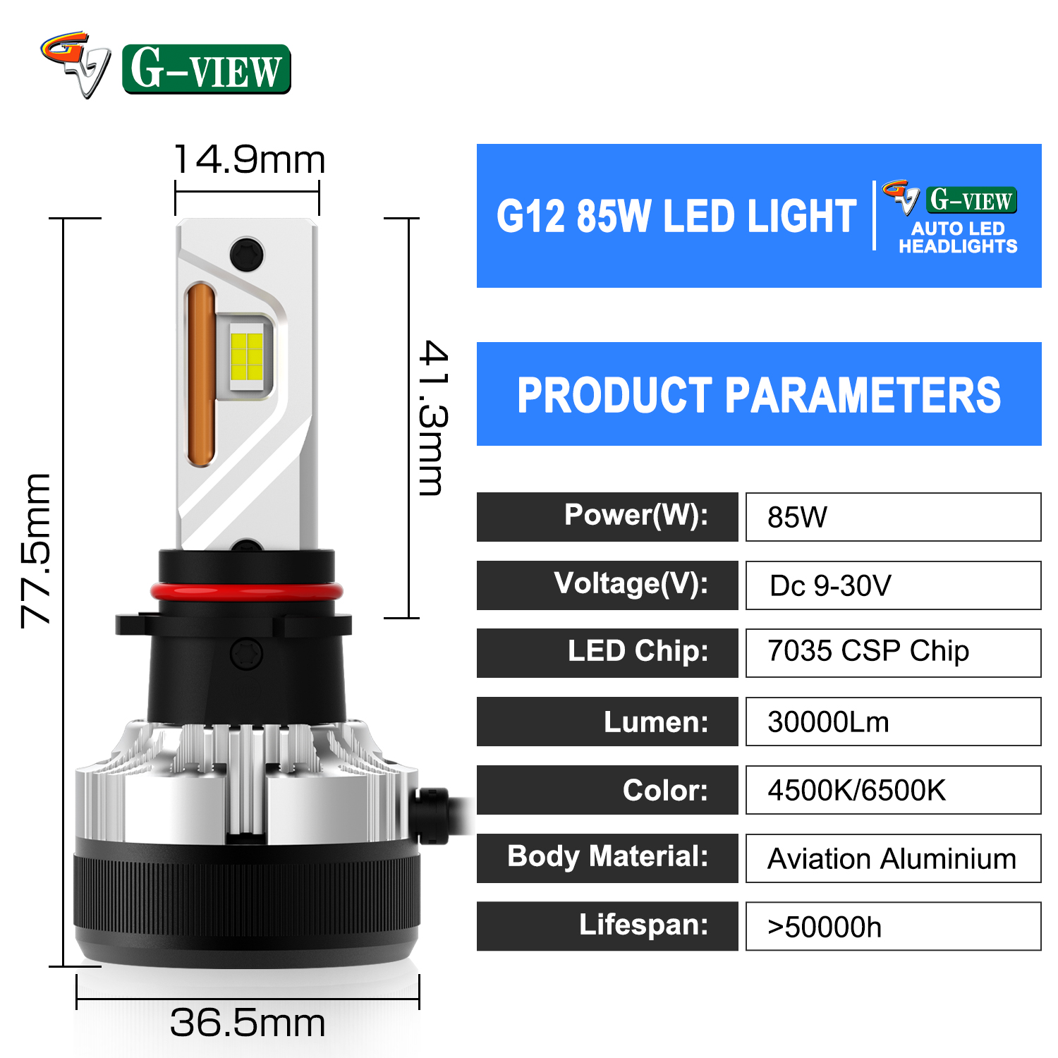Gview G12W Series LED Head Lights 9006 9012 H1 H3 H4 H8 Two Copper Vacuum Double Heat Pipe H8 H11 LED Headlight for Car factory