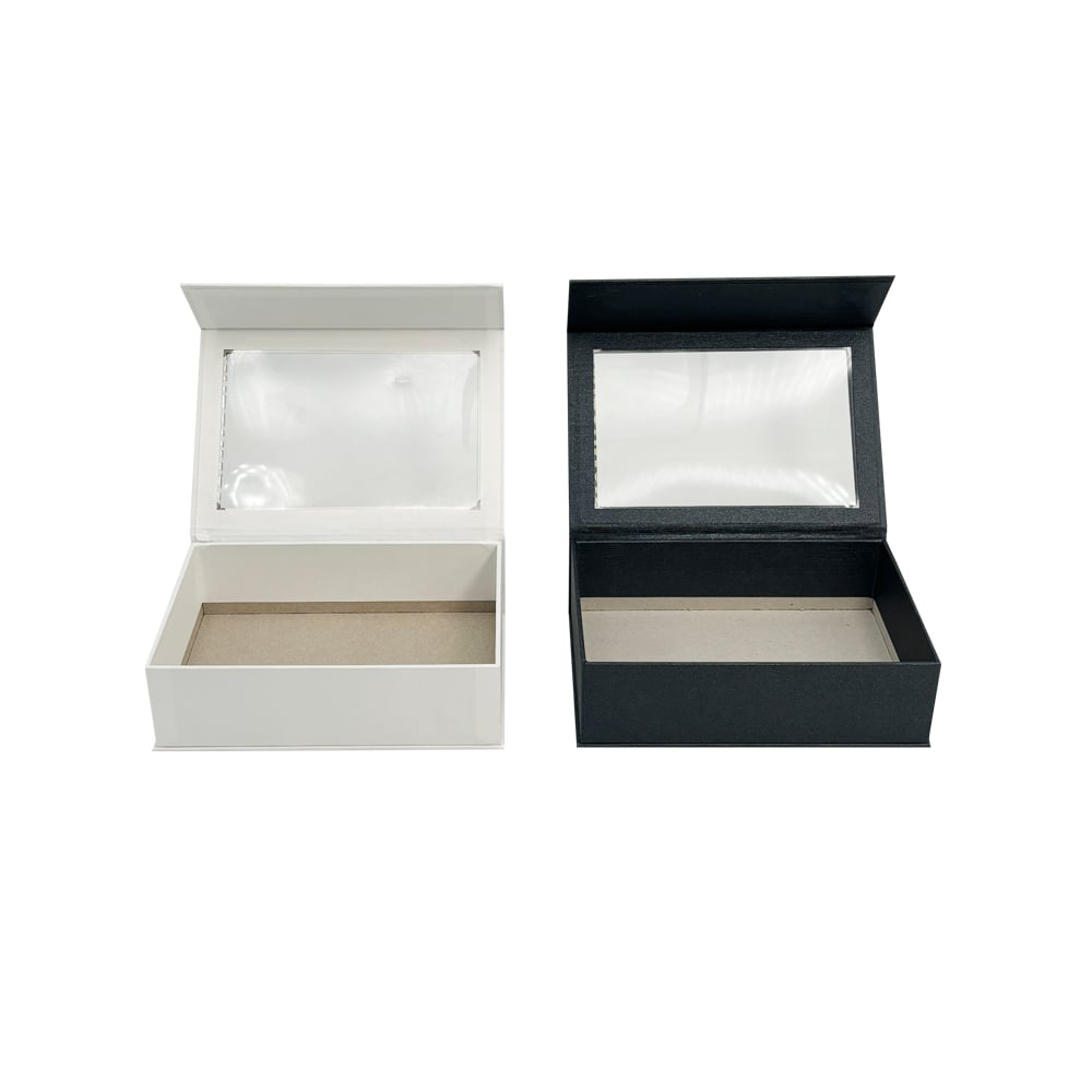 Custom Square Gift Box Packaging Rigid Cardboard Flip Top PVC Window Black Magnetic Closure Box with Clear Lid details
