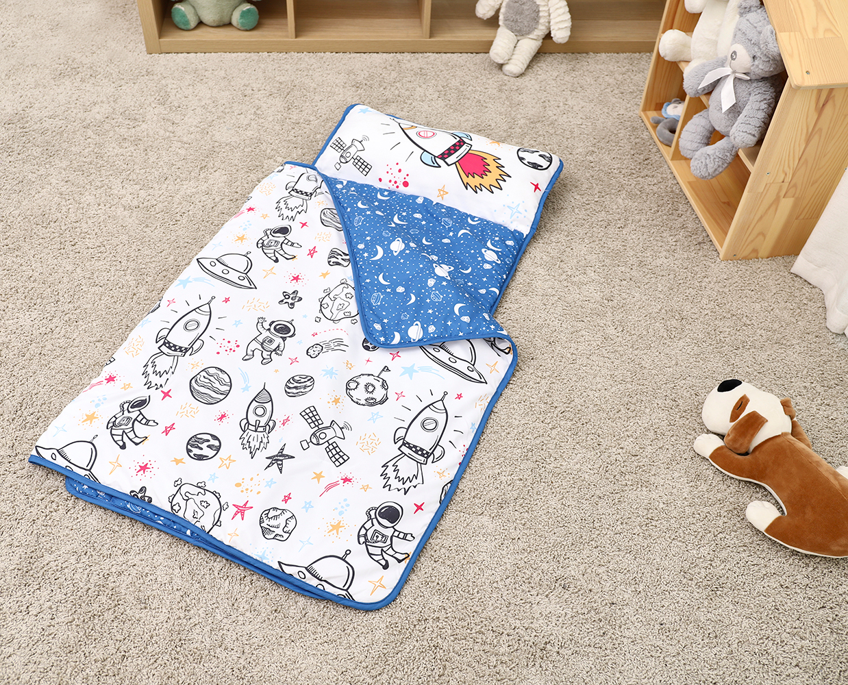 Preschool Travel Camping Sleeping Bag Blue Space Rollup Design Toddler Nap Mat factory