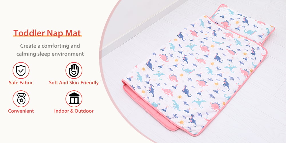 Soft Microfiber Pink Dinosaur Nap Mat Daycare Preschool Toddler Nap Mat with Fastening Straps Closure factory