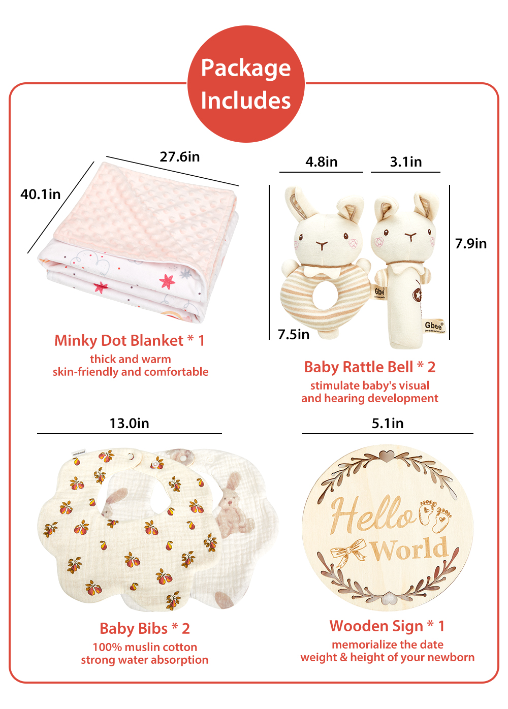 6PK Minky Dot Baby Blanket Baby Rattle Bells Newborn Swaddle Blanket Set with Wooden Birth Announcement Card supplier