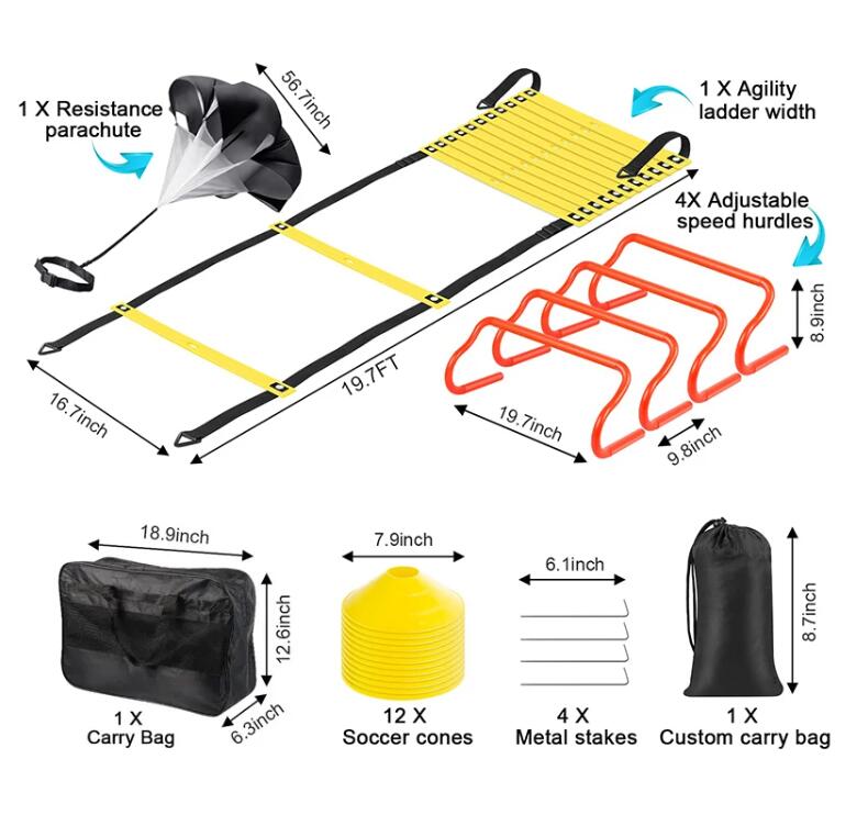 product football soccer speed training equipment set agility ladder 12 soccer cones 4 hurdles running parachute agility ladder-2