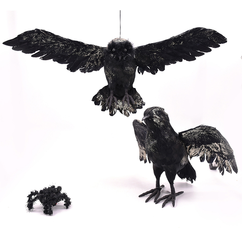 Corbeau noir en sisal naturel fait main pour Halloween