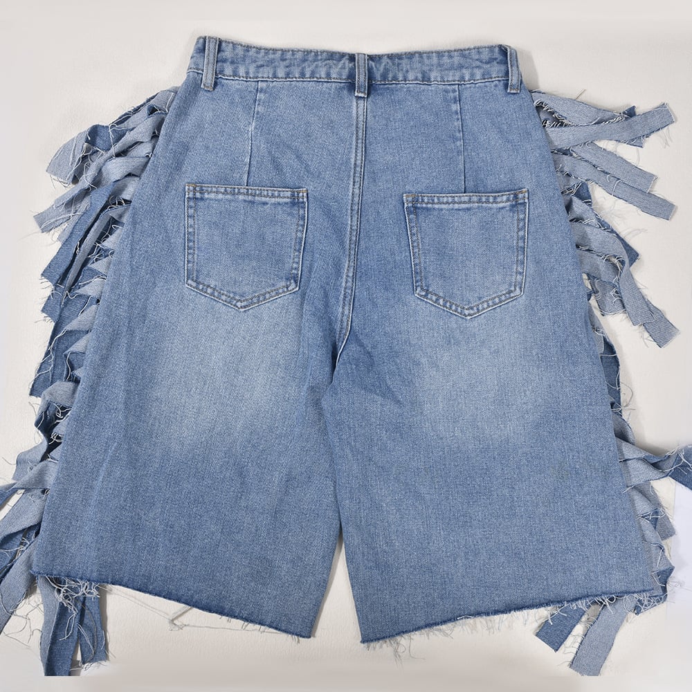 Summer Women High Waist Stretch Acid Wash Denim Shorts Casual Fashionable Knee Length Ripped Hole Tassel Jean Shorts details
