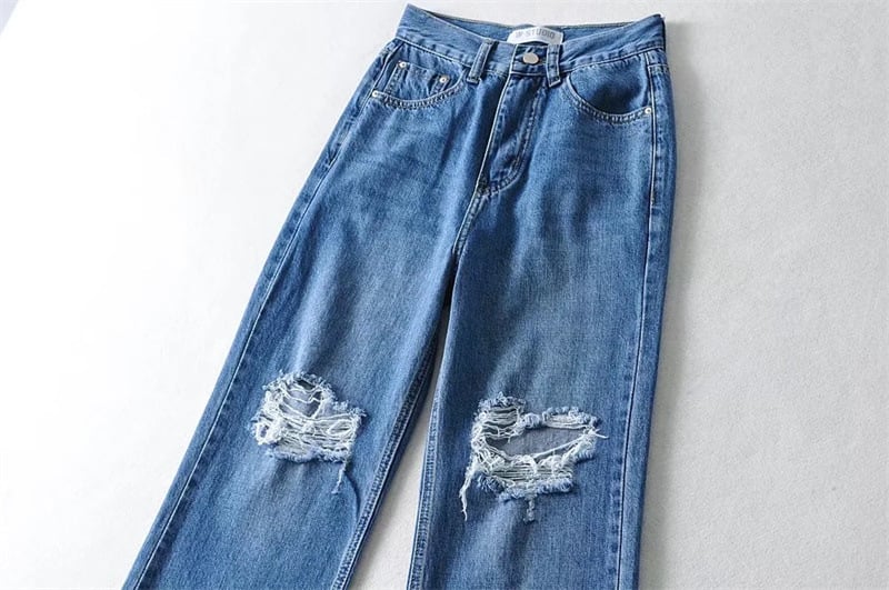 New Arrivals Fashion Loose Light Blue Denim Pants Wide Leg Ripped Jeans for Women factory