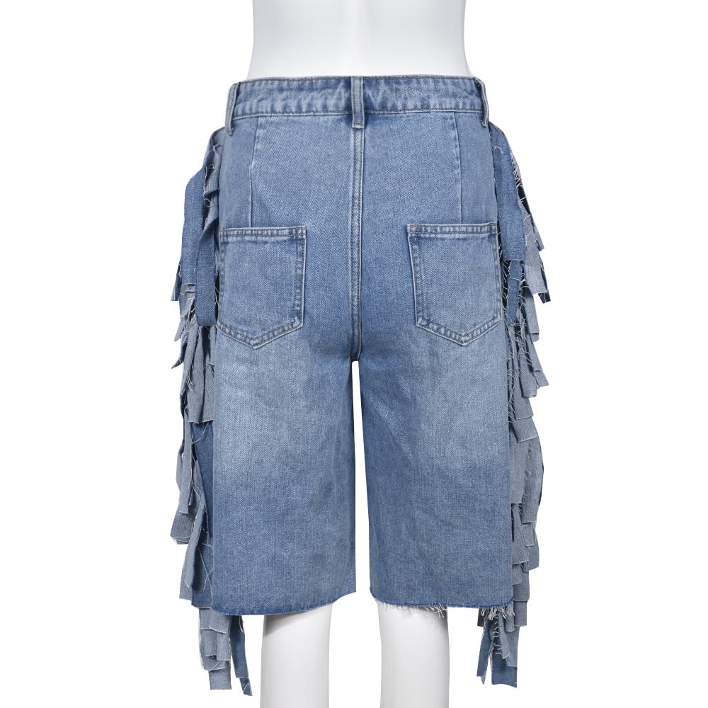 Summer Women High Waist Stretch Acid Wash Denim Shorts Casual Fashionable Knee Length Ripped Hole Tassel Jean Shorts details