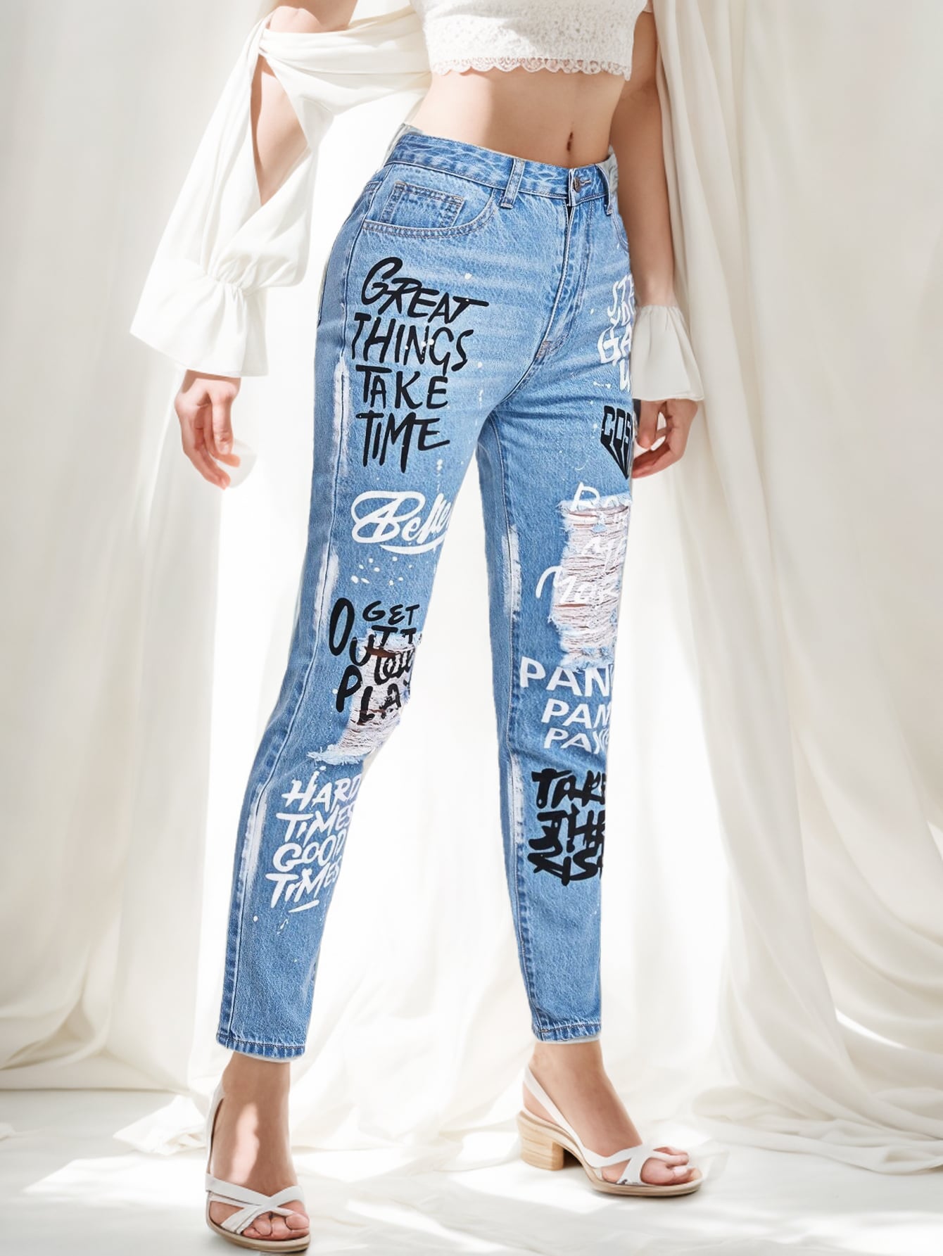 Custom wholesale factory direct sales women's new retro casual fashion single letter print hole washed slim jeans manufacture