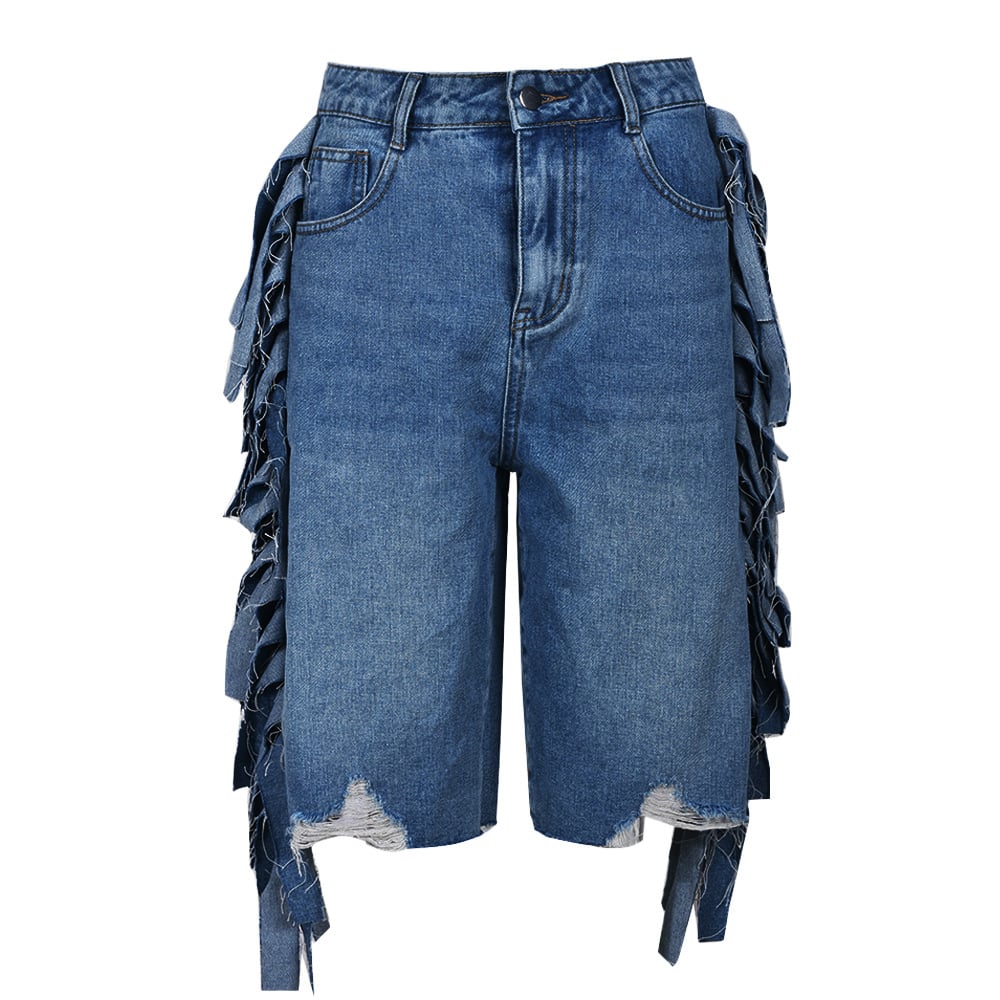 Summer Women High Waist Stretch Acid Wash Denim Shorts Casual Fashionable Knee Length Ripped Hole Tassel Jean Shorts factory