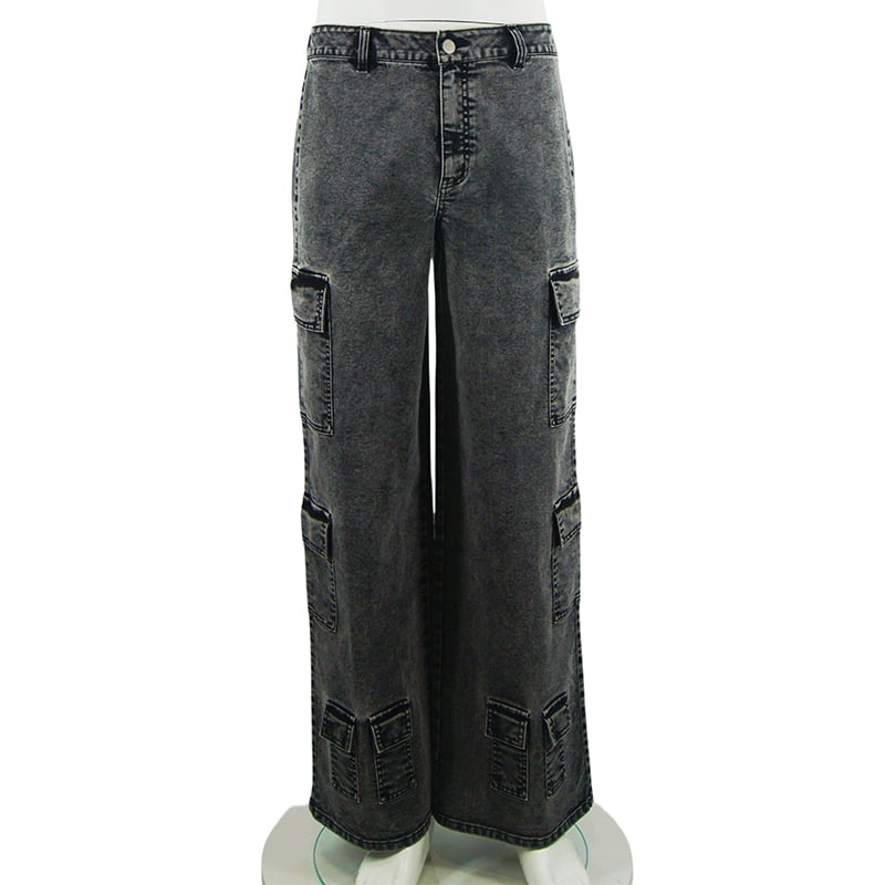 Women's Denim Work Pants with Wide Legs and High Waist, Classic Women's Jeans, Fashionable Women's Large Pocket Denim Pants supplier